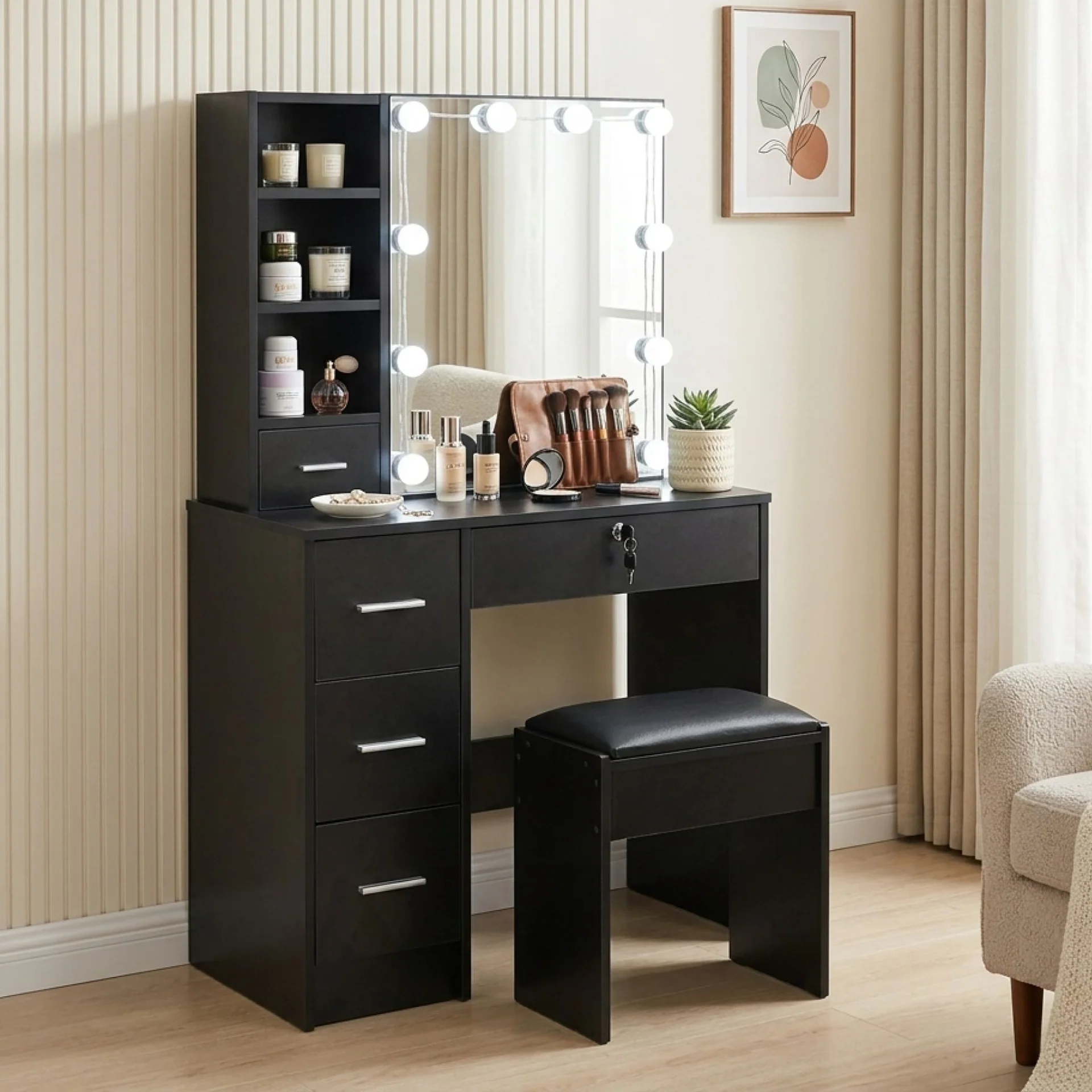 Freesia 2 Piece Dressing Table with Mirror & Stool Set - Black