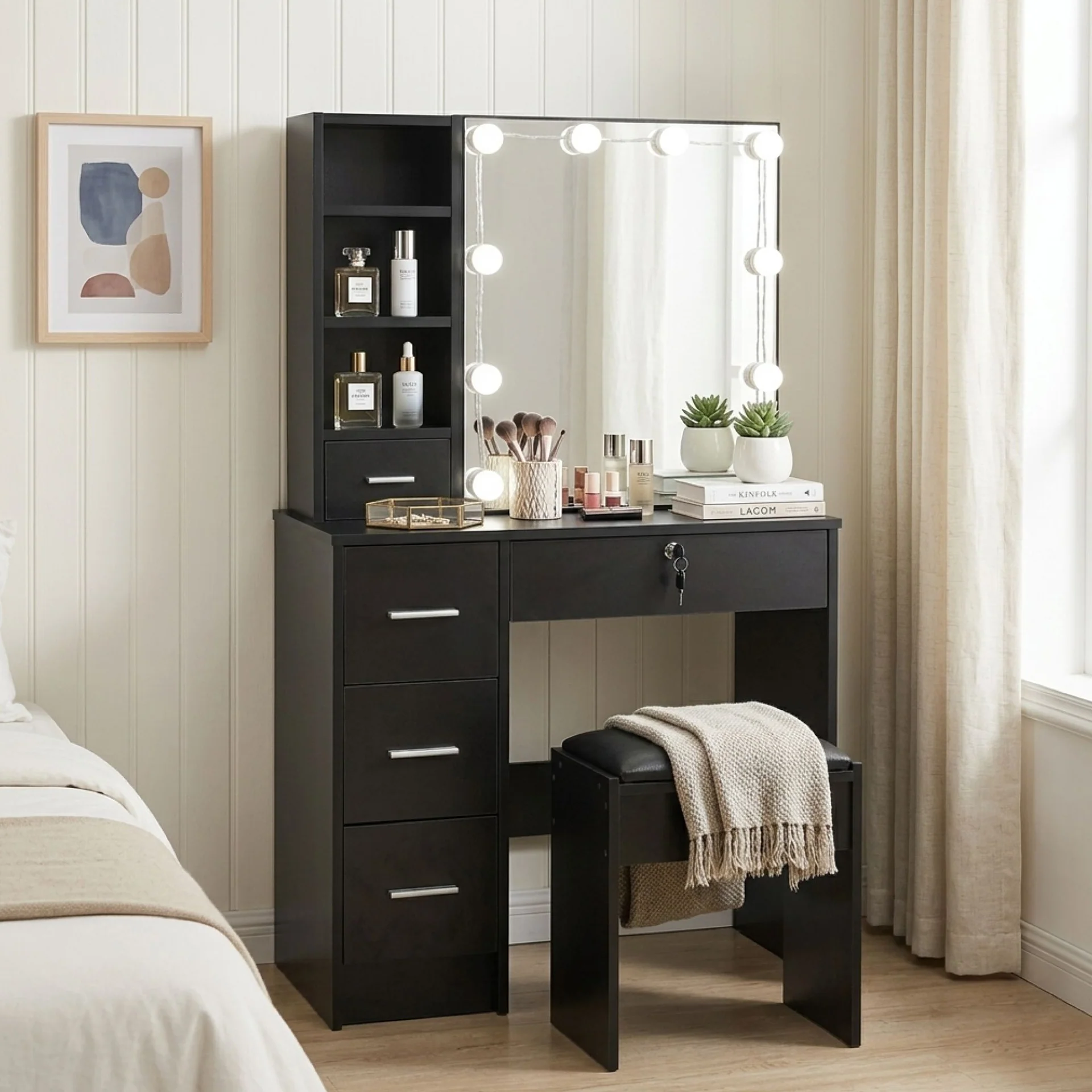 Freesia 2 Piece Dressing Table with Mirror & Stool Set - Black - Image 4