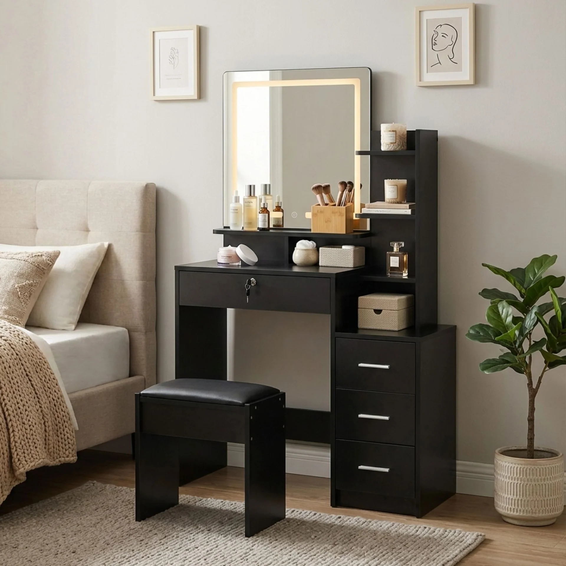 Gardenia 2 Piece Dressing Table with Mirror & Stool Set - Black