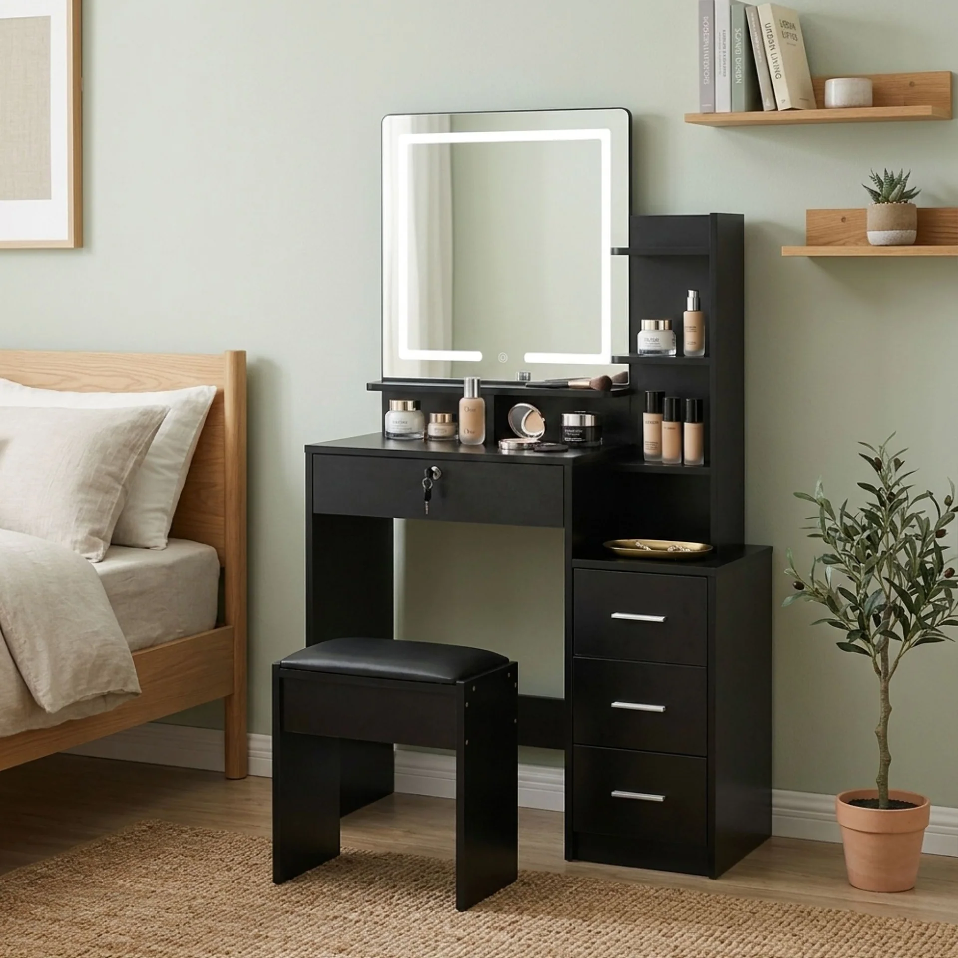 Gardenia 2 Piece Dressing Table with Mirror & Stool Set - Black - Image 4