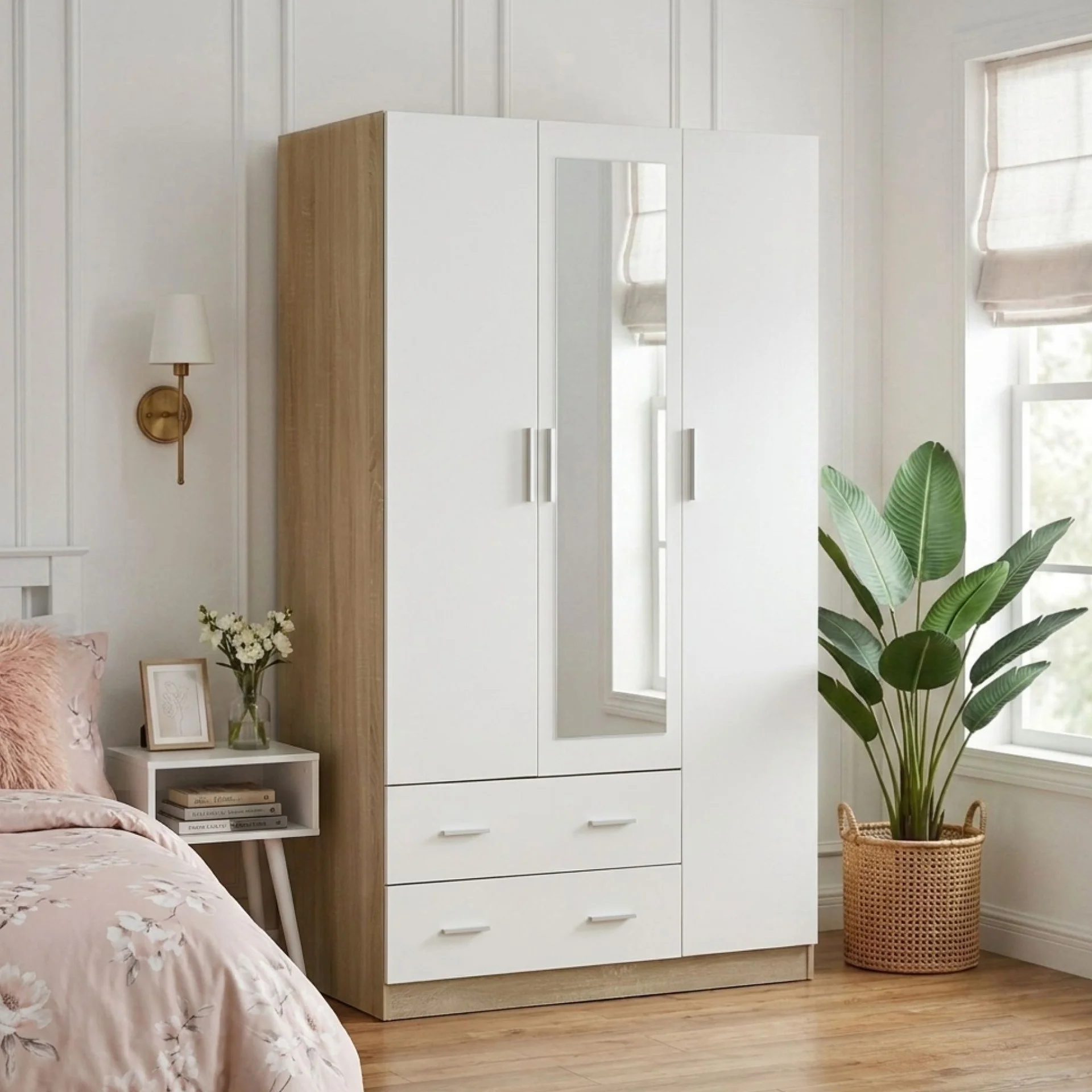 Bram 3 Door Wardrobe Cabinet with Mirror - Oak + White