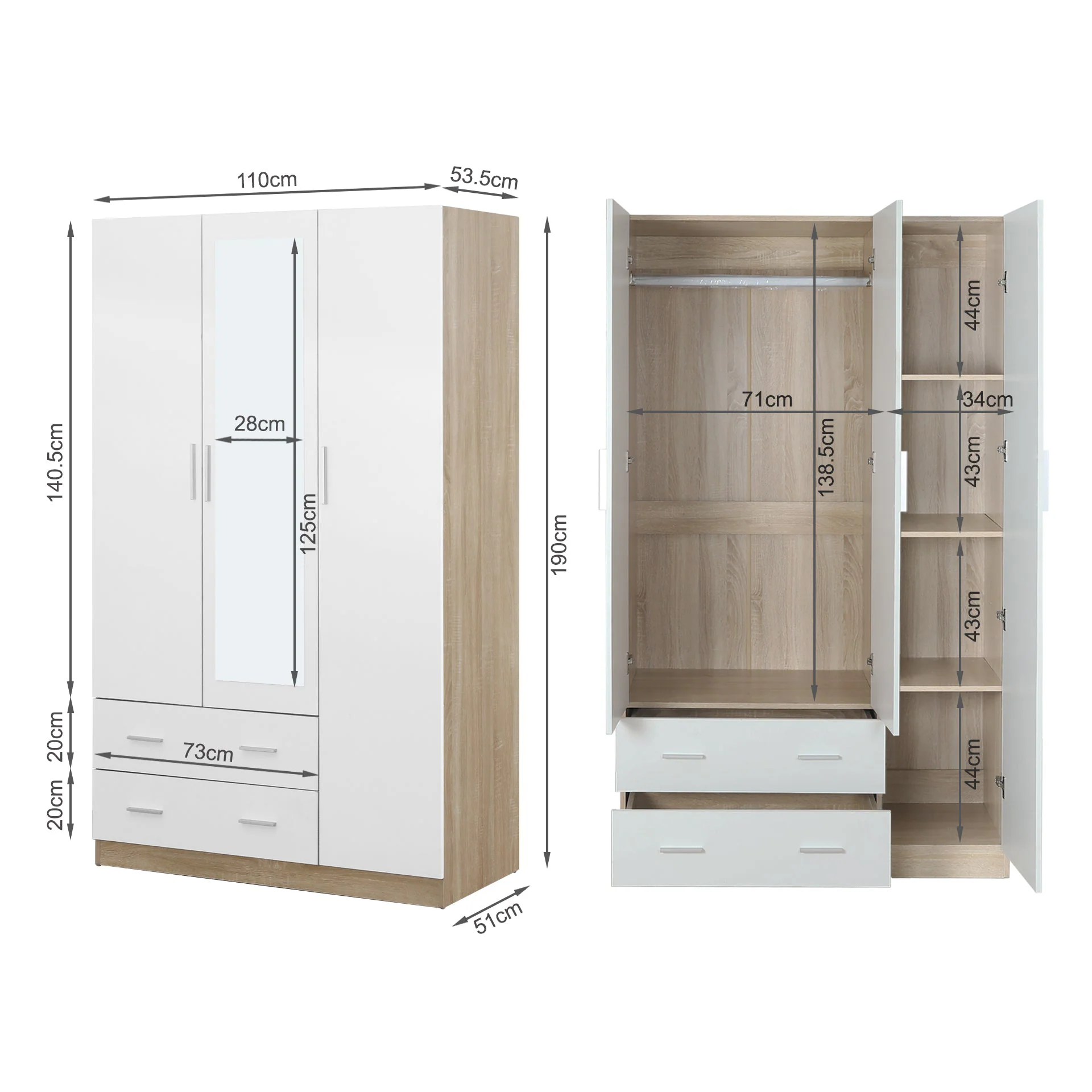 Bram 3 Door Wardrobe Cabinet with Mirror - Oak + White - Image 14