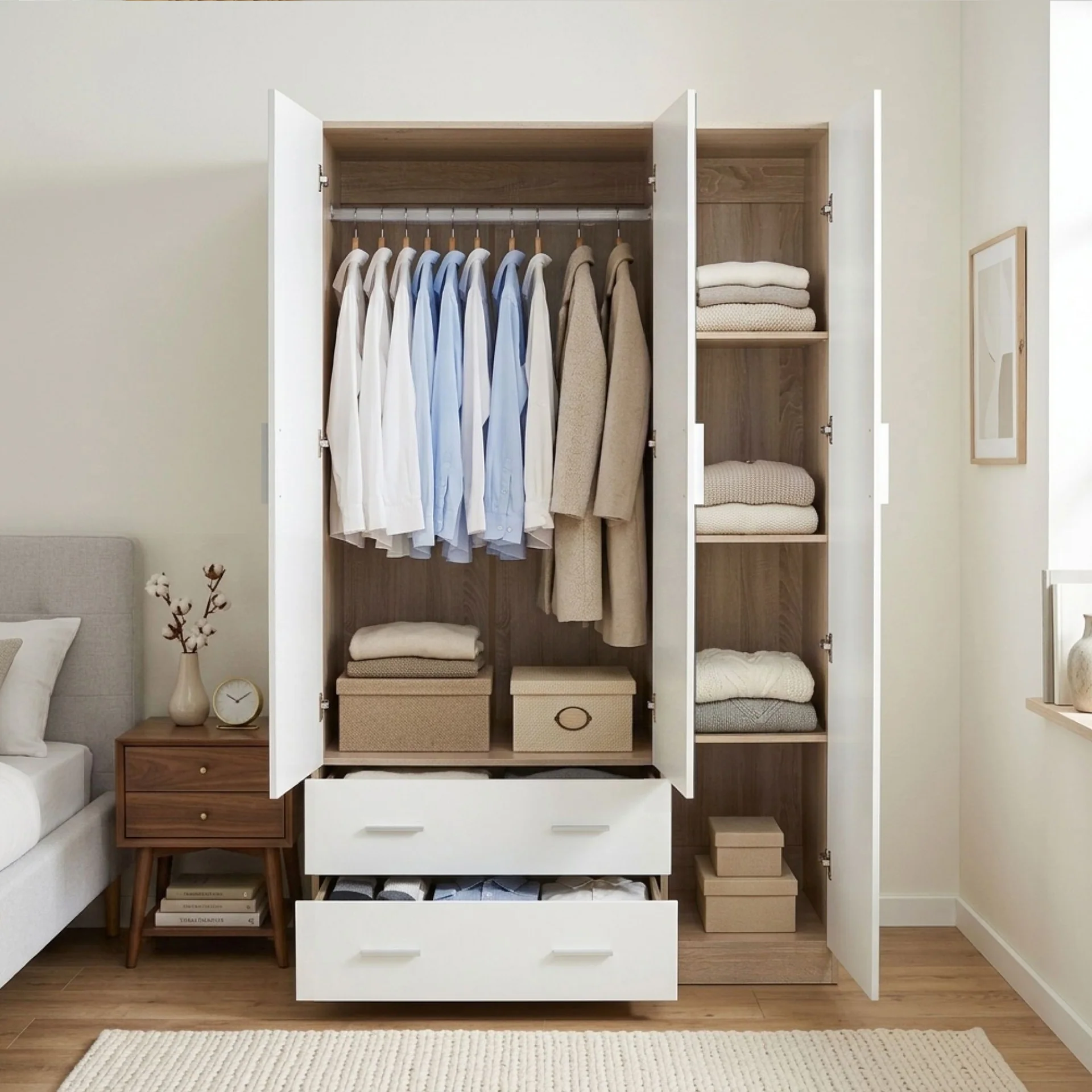Bram 3 Door Wardrobe Cabinet with Mirror - Oak + White - Image 2