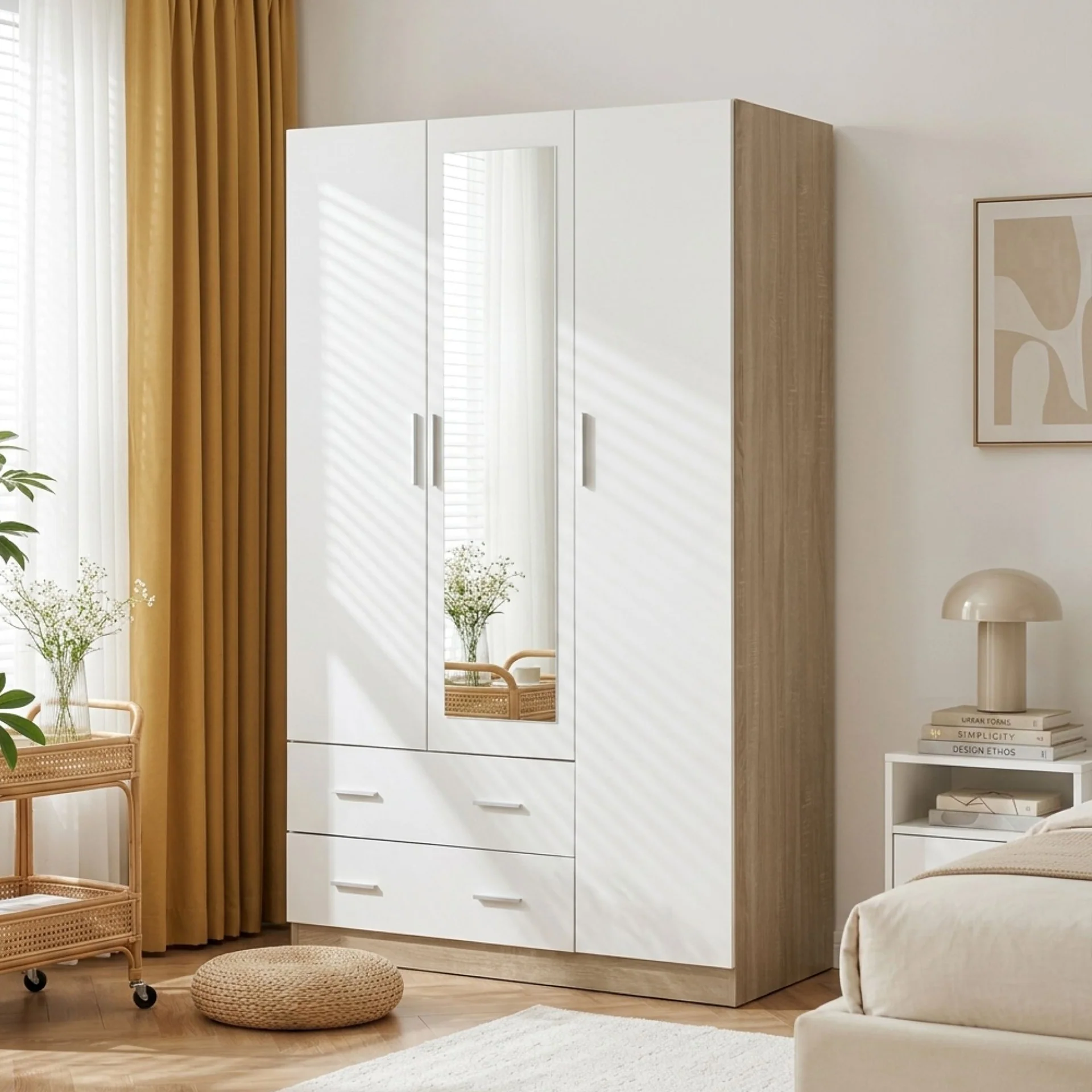 Bram 3 Door Wardrobe Cabinet with Mirror - Oak + White - Image 3