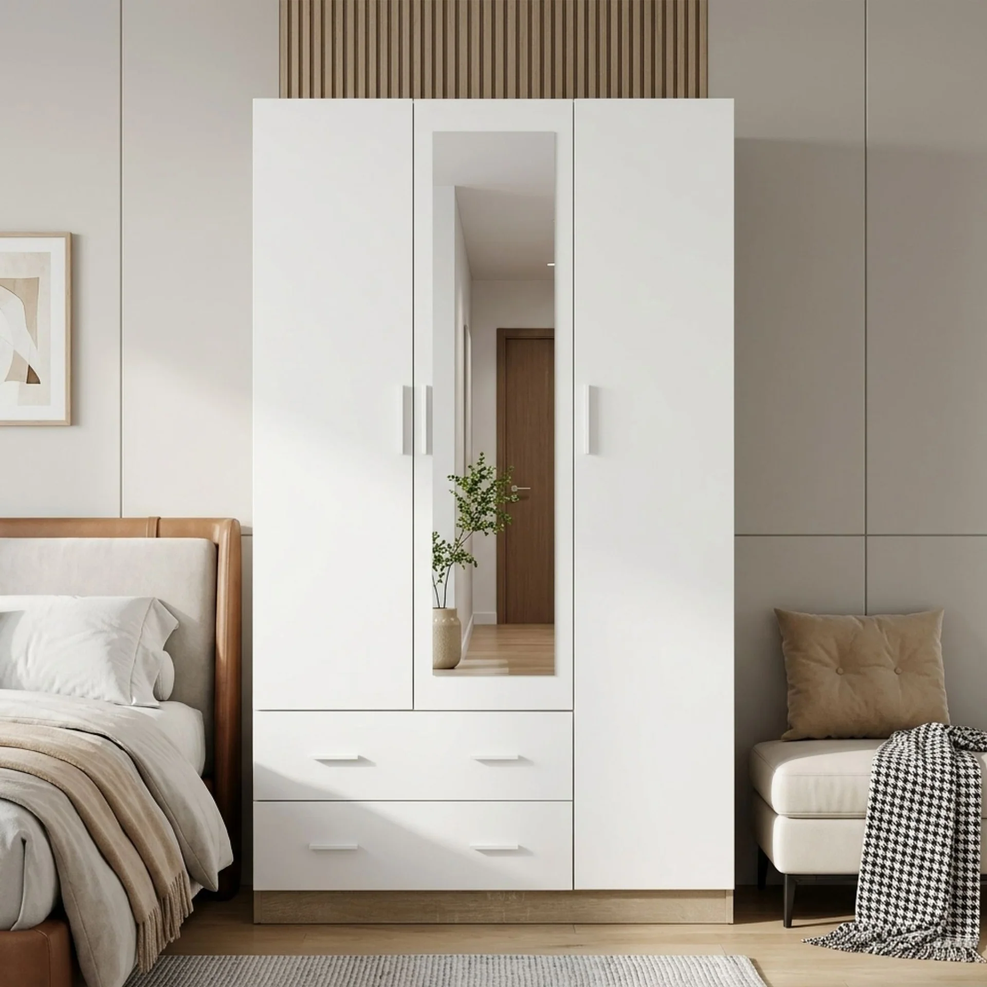 Bram 3 Door Wardrobe Cabinet with Mirror - Oak + White - Image 4