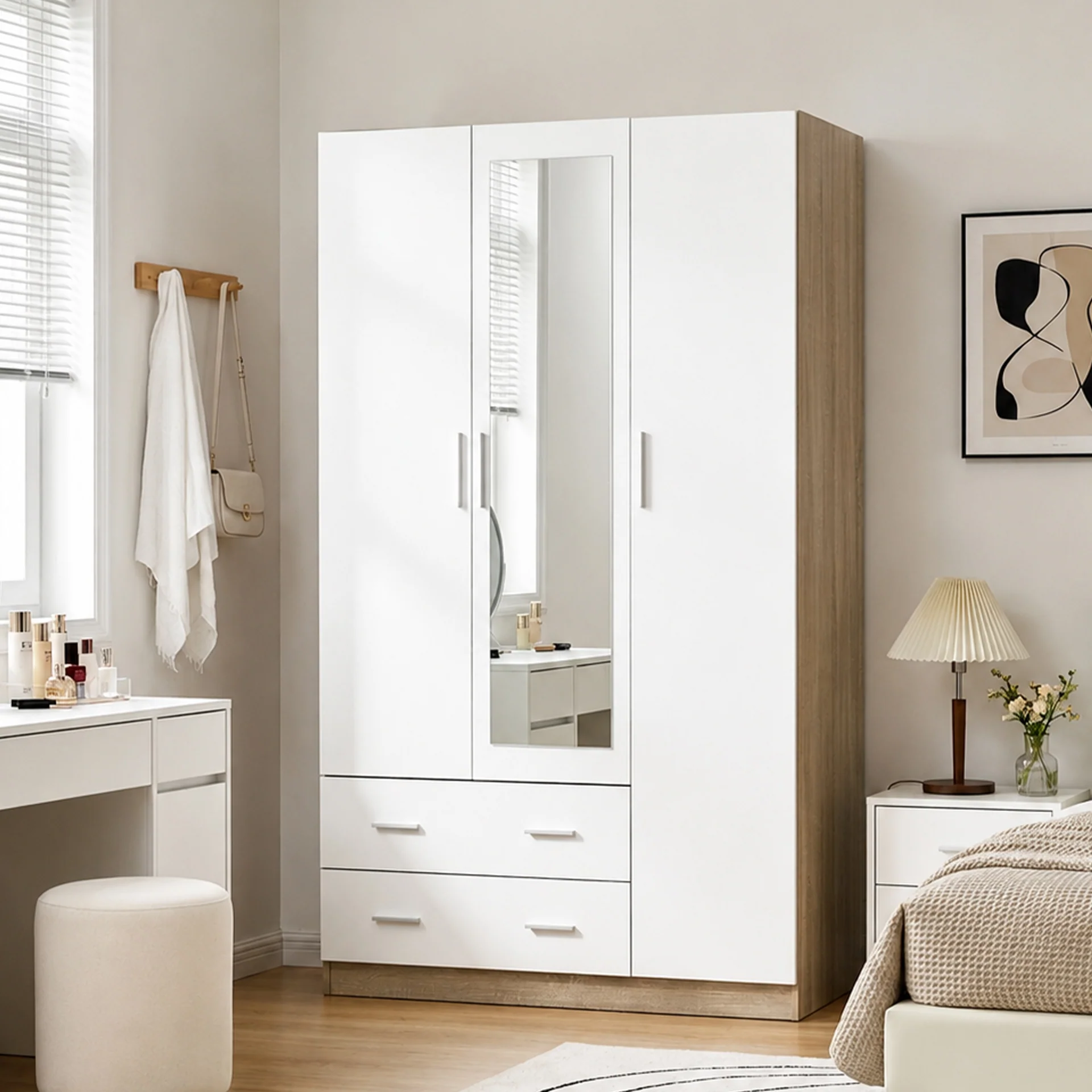 Bram 3 Door Wardrobe Cabinet with Mirror - Oak + White - Image 5