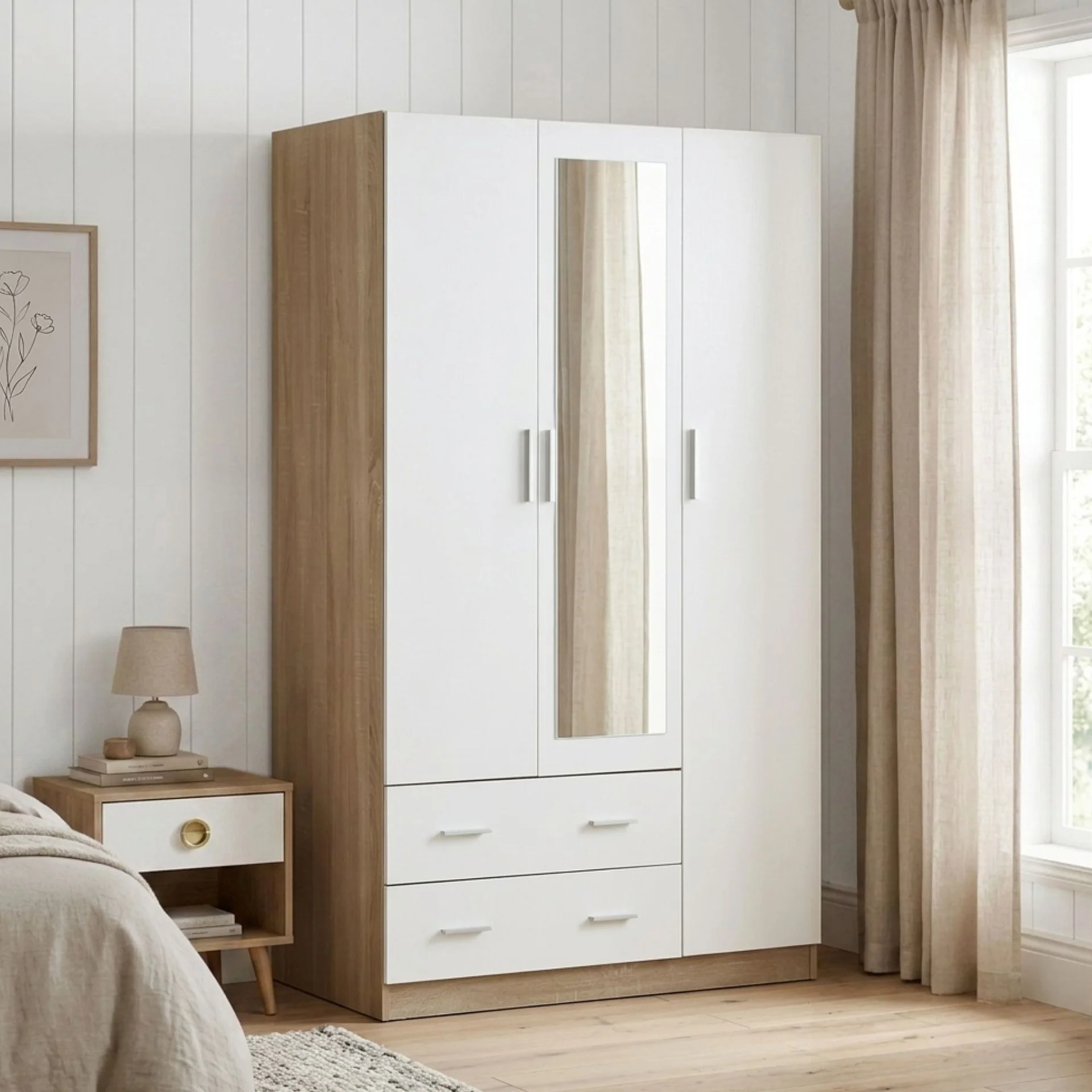 Bram 3 Door Wardrobe Cabinet with Mirror - Oak + White - Image 6