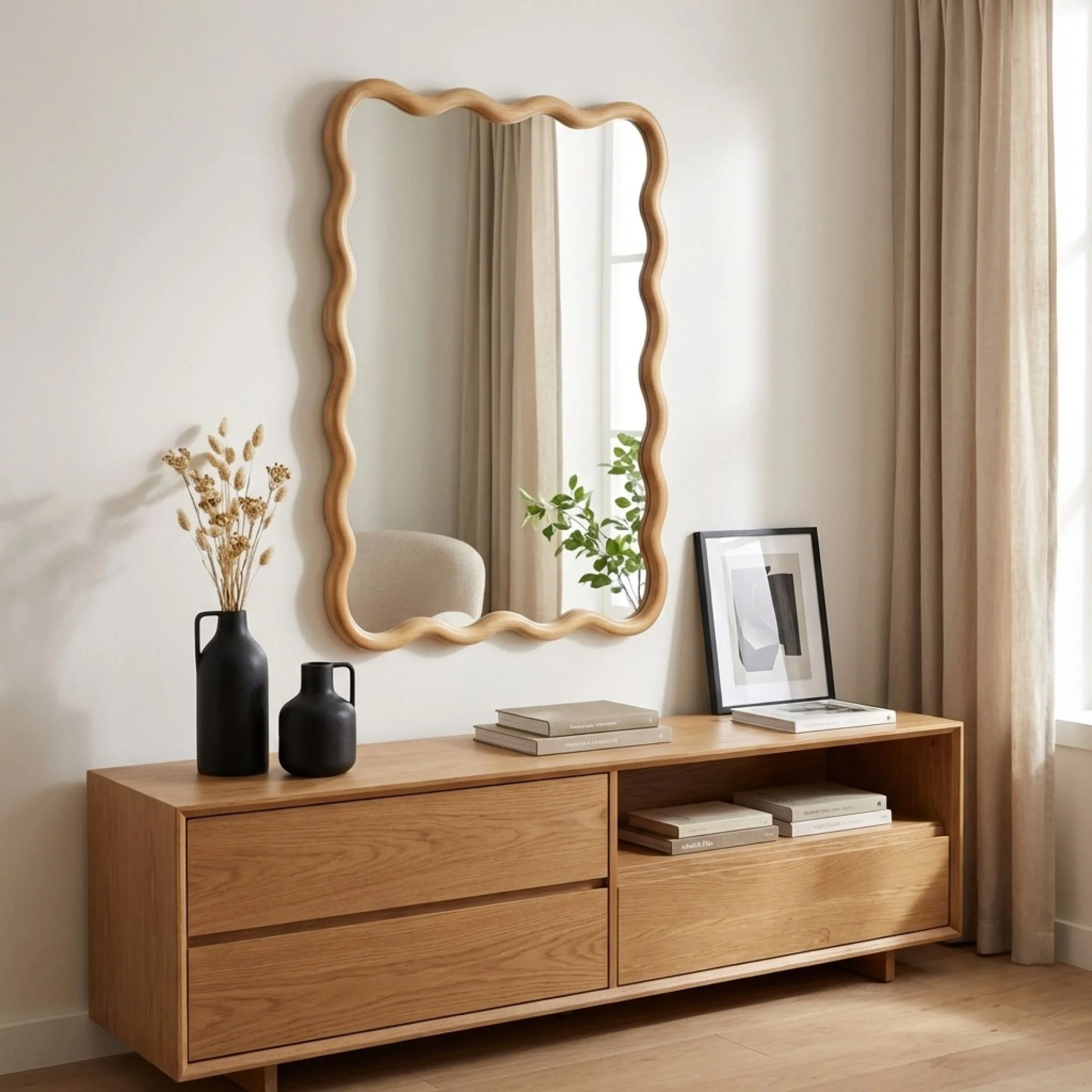 Ripple Wavy Wooden Wall Mirror 91CM - Warm Walnut - Image 6