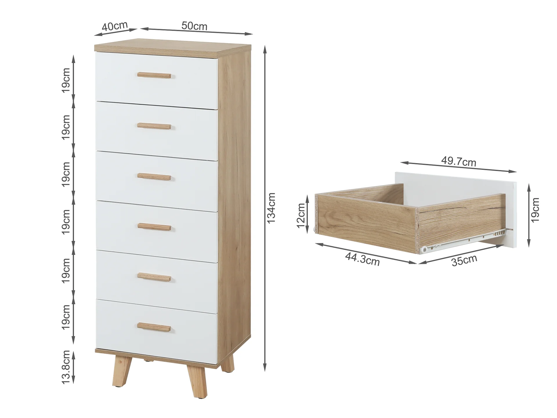 Slim Tallboy with 6 Drawers - Oak + White - Image 2