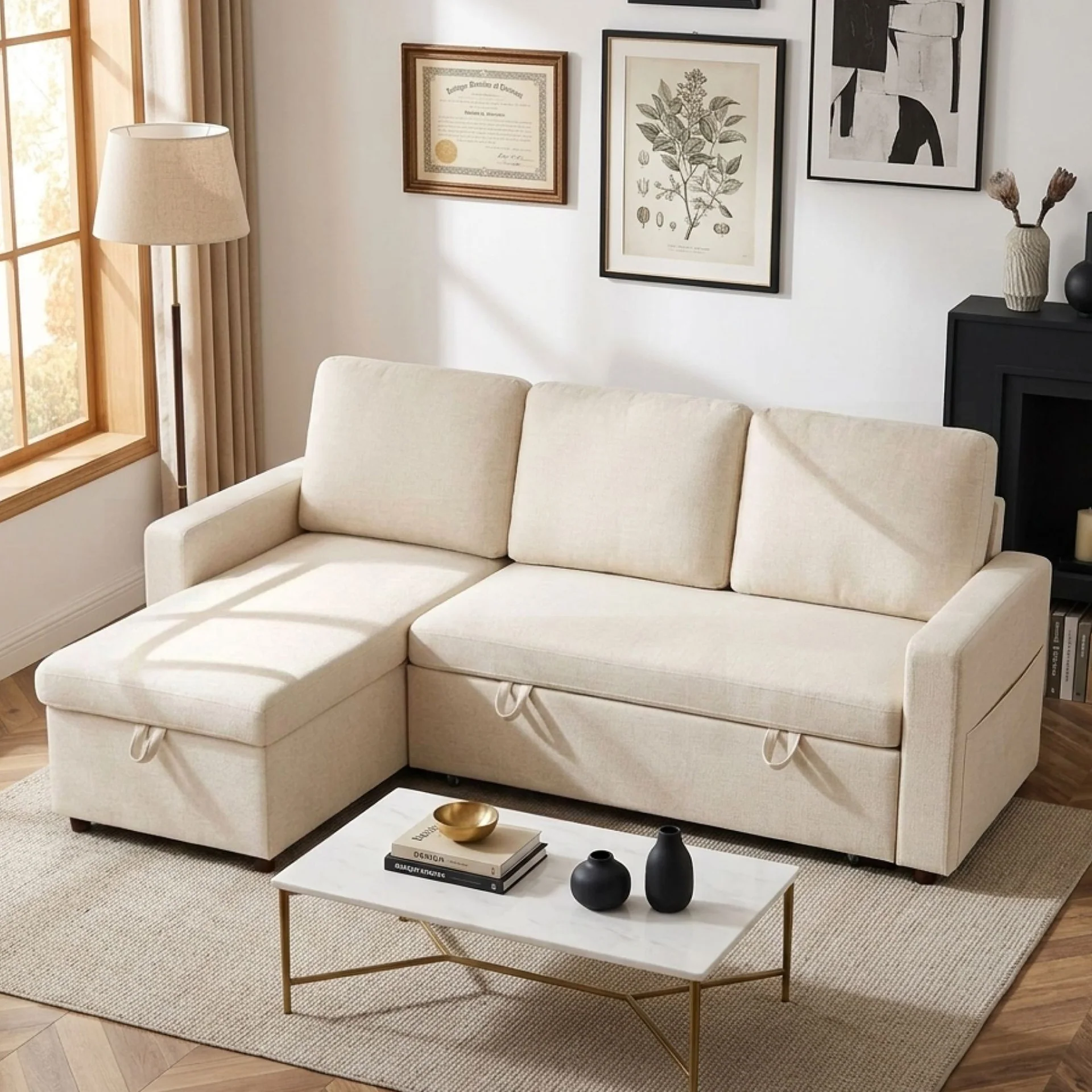 Amy 3 Seater Sofa Bed with Storage - Beige - Image 3
