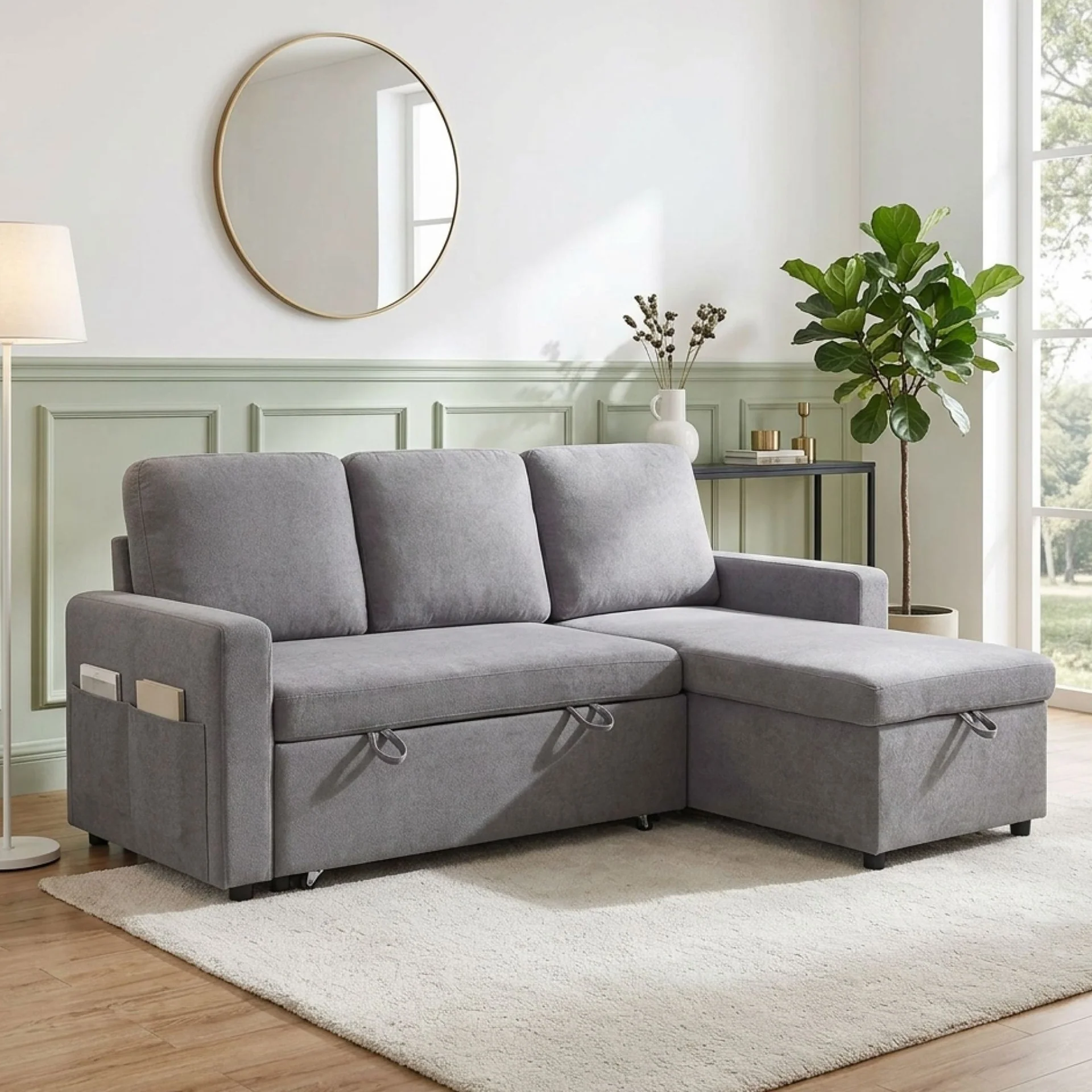 Amy 3 Seater Sofa Bed with Storage - Light Grey - Image 3