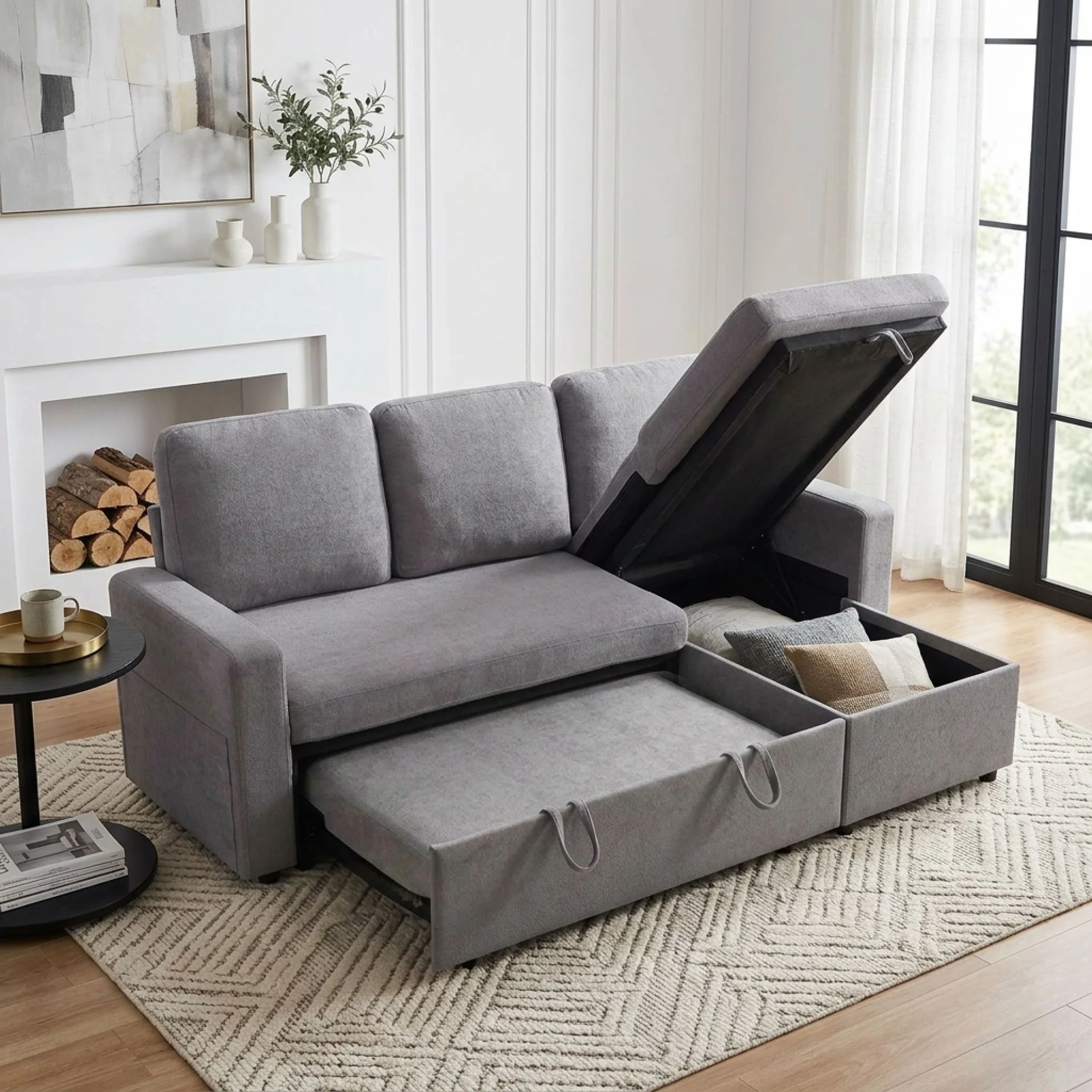 Amy 3 Seater Sofa Bed with Storage - Light Grey - Image 4
