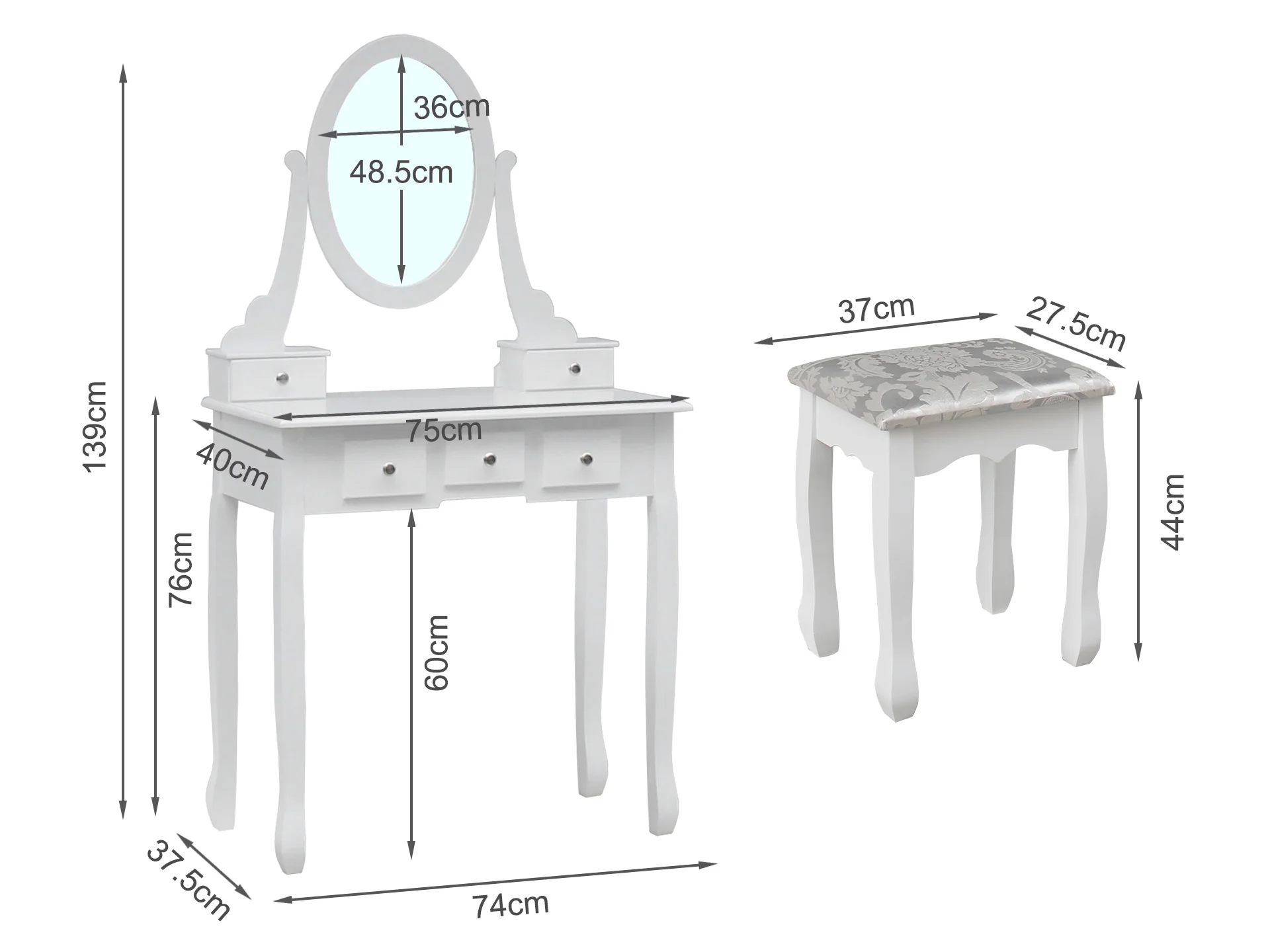 ANEMONE 5 Drawers Dressing Table with Rotating Mirror Set 2PCS - Image 8