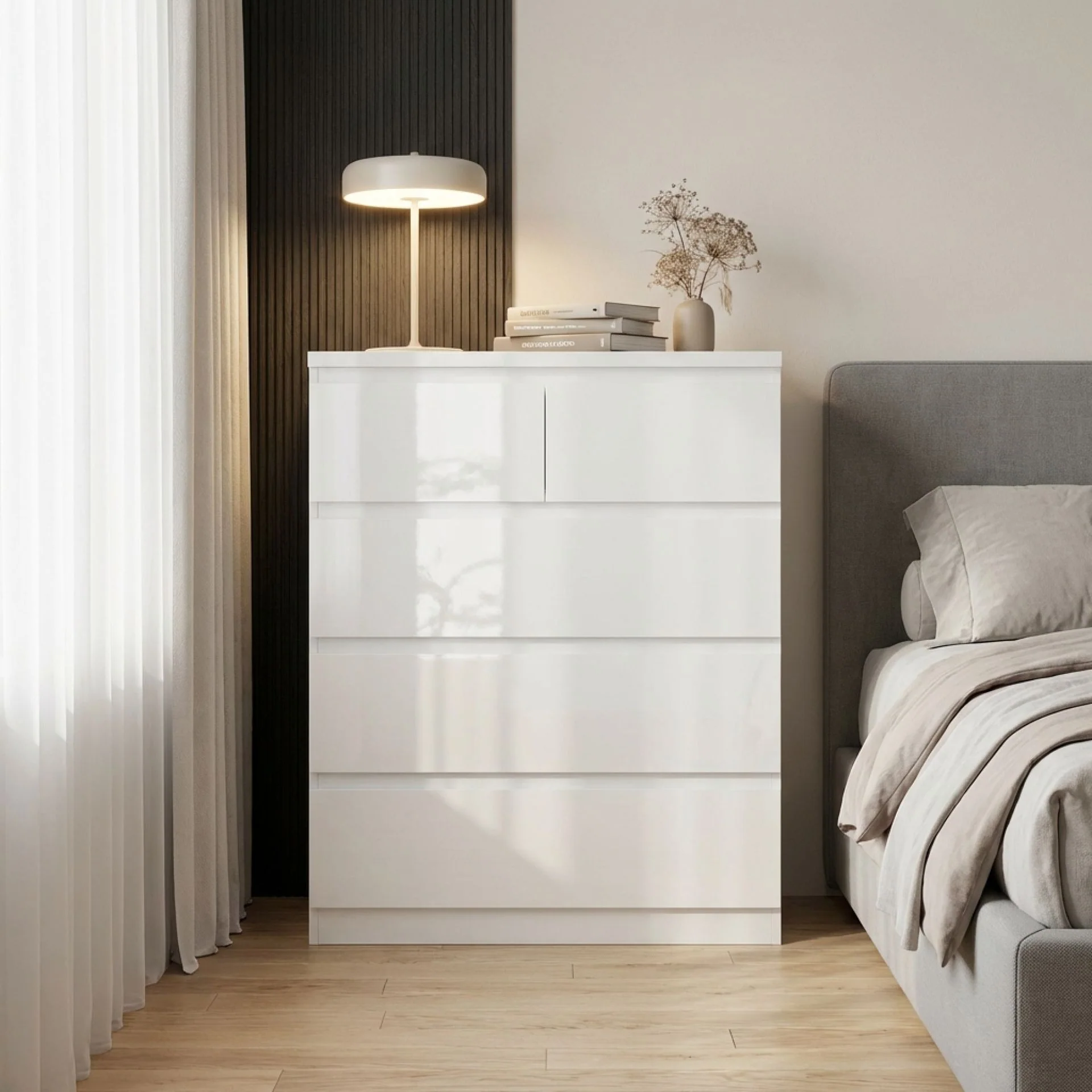 Angeles High Gloss 5 Drawer Tallboy - White - Image 4