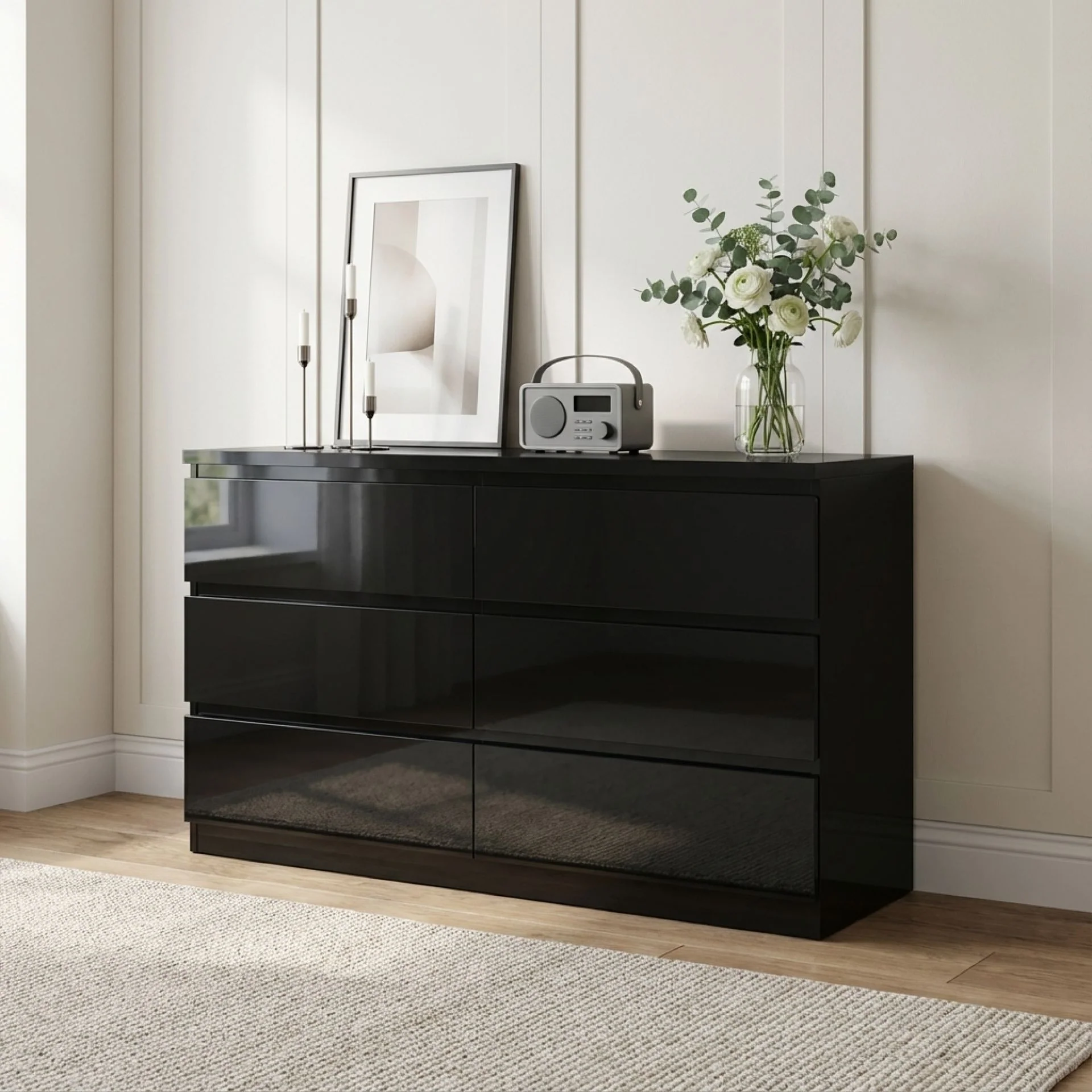 Angeles High Gloss 6 Drawer Lowboy - Black