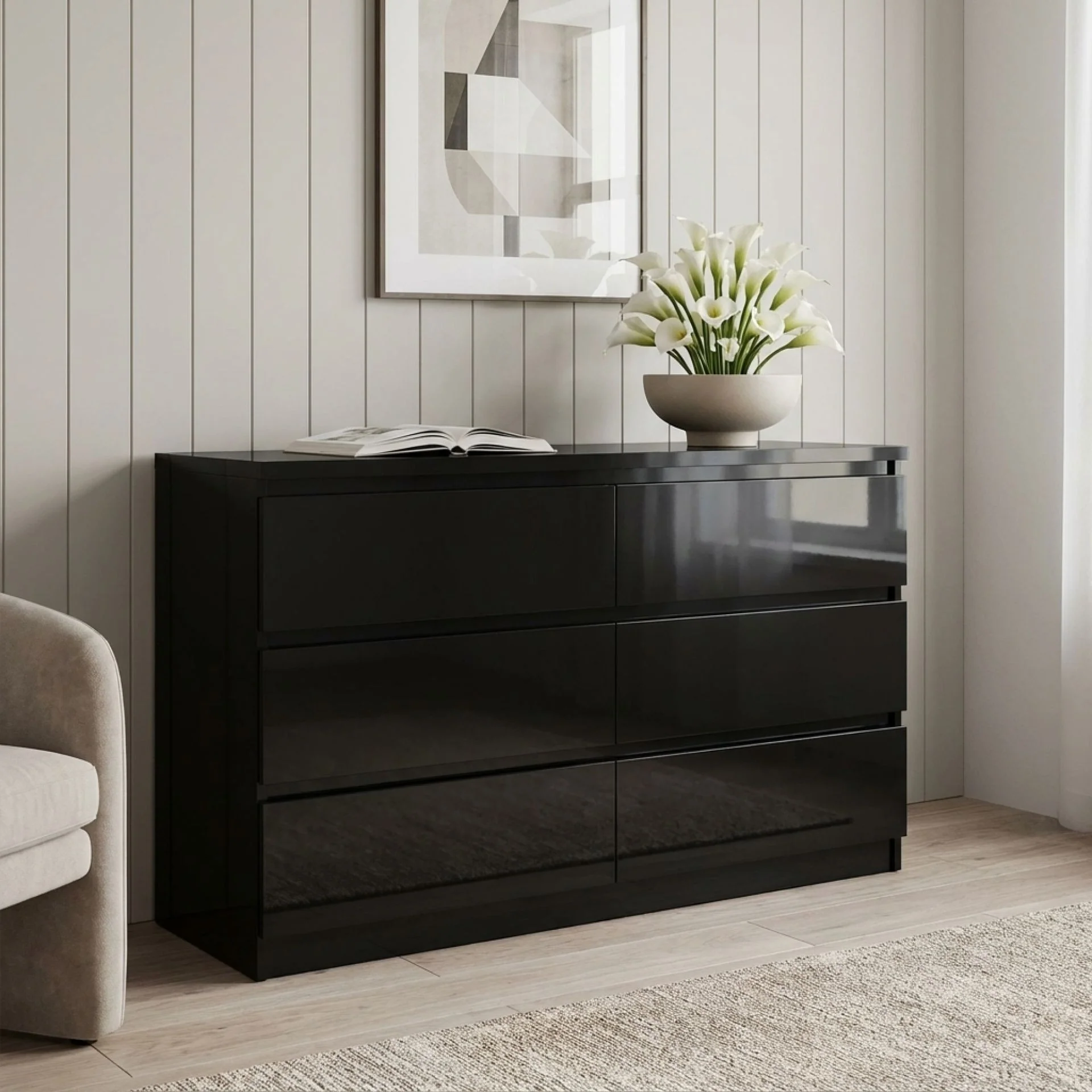 Angeles High Gloss 6 Drawer Lowboy - Black - Image 5