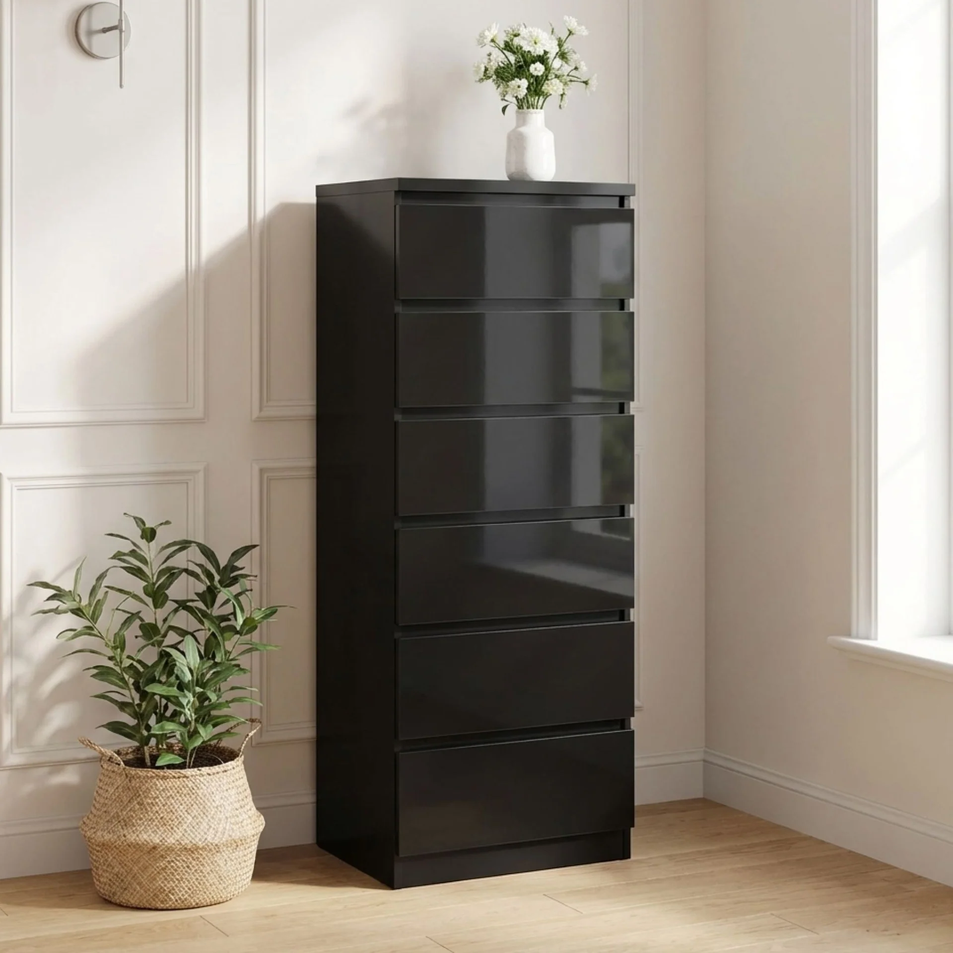 Angeles High Gloss 6 Drawer Slim Tallboy - Black