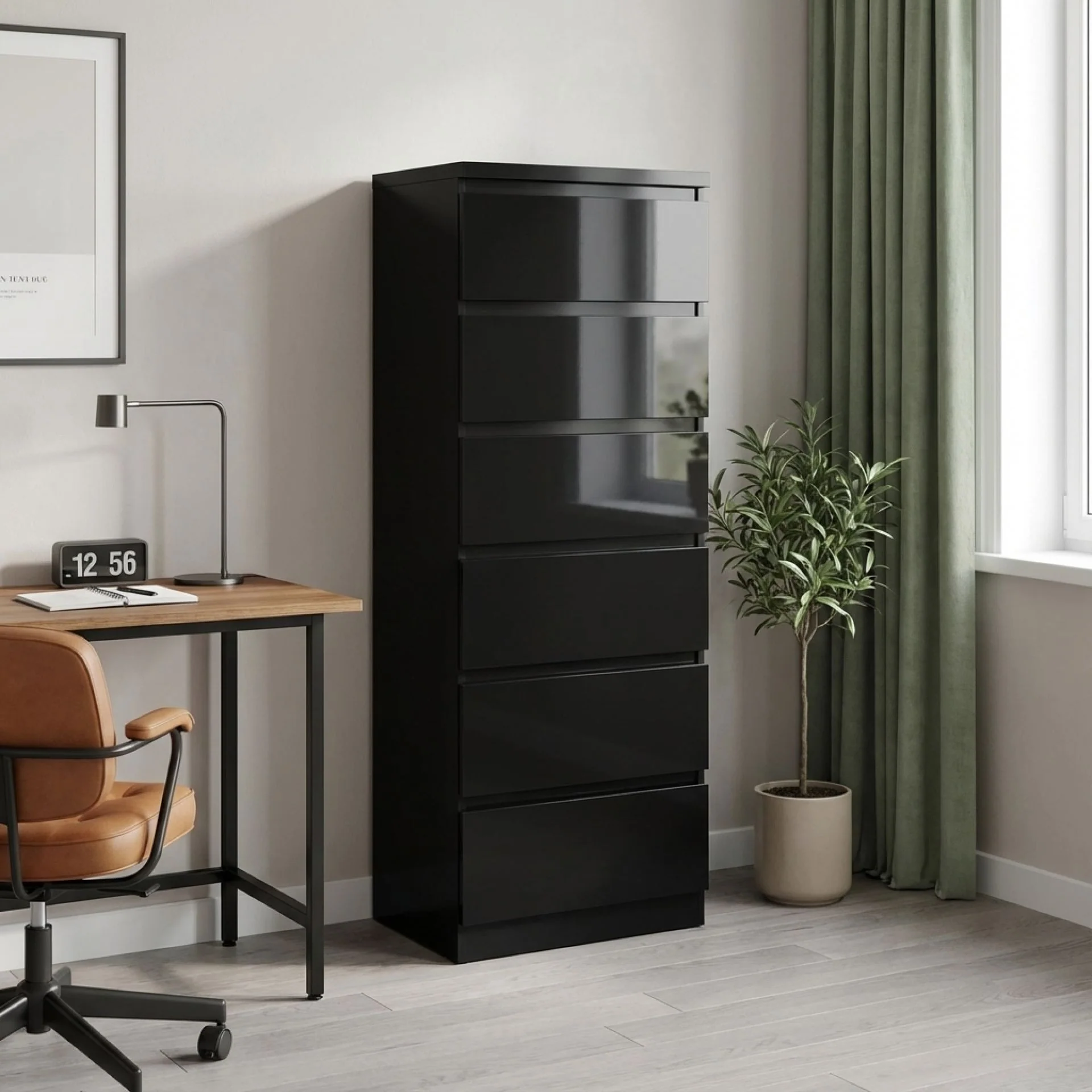 Angeles High Gloss 6 Drawer Slim Tallboy - Black - Image 3