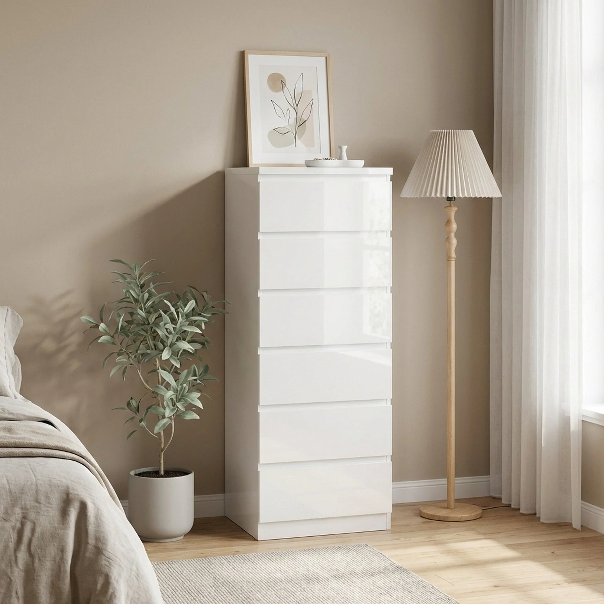 Angeles High Gloss 6 Drawer Slim Tallboy - White