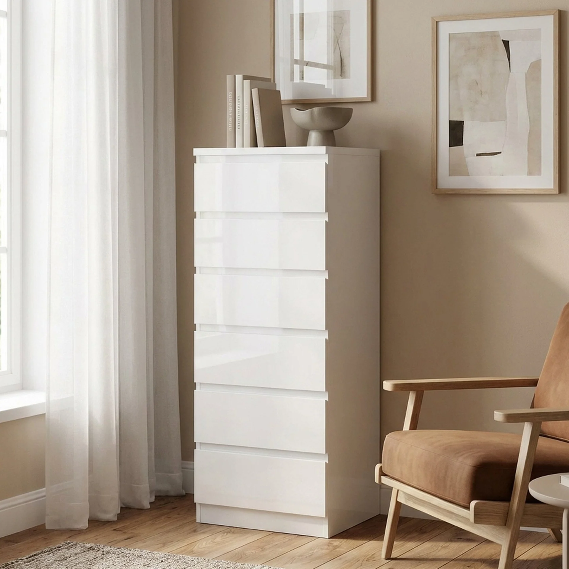 Angeles High Gloss 6 Drawer Slim Tallboy - White - Image 3