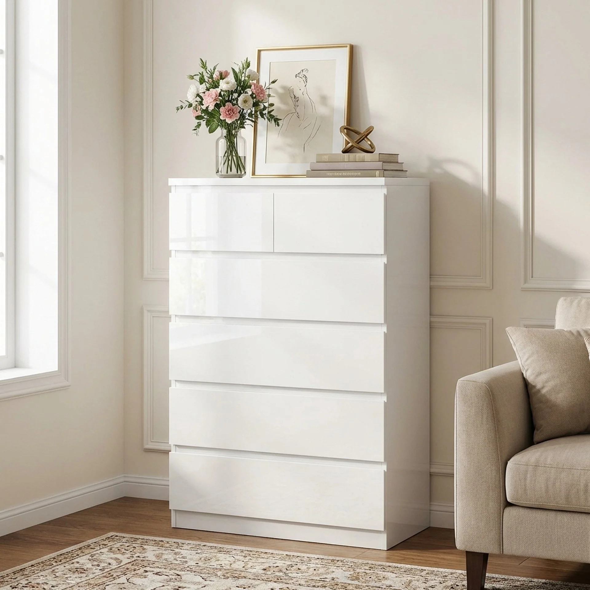 Angeles High Gloss 6 Drawer Tallboy - White - Image 3