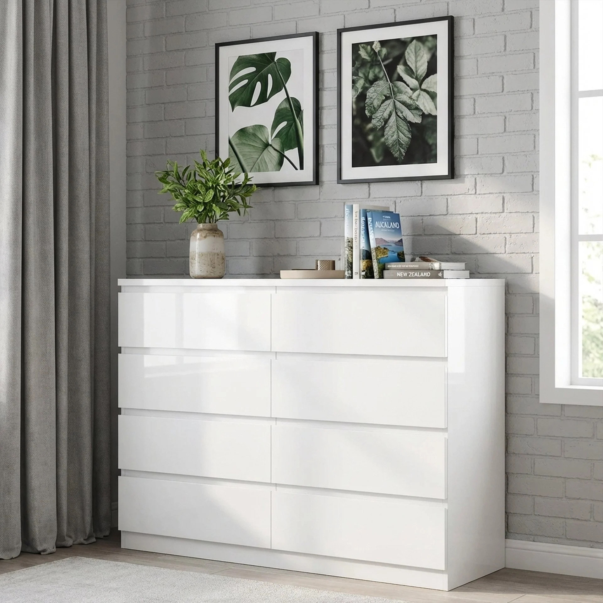 Angeles High Gloss 8 Drawer Lowboy - White