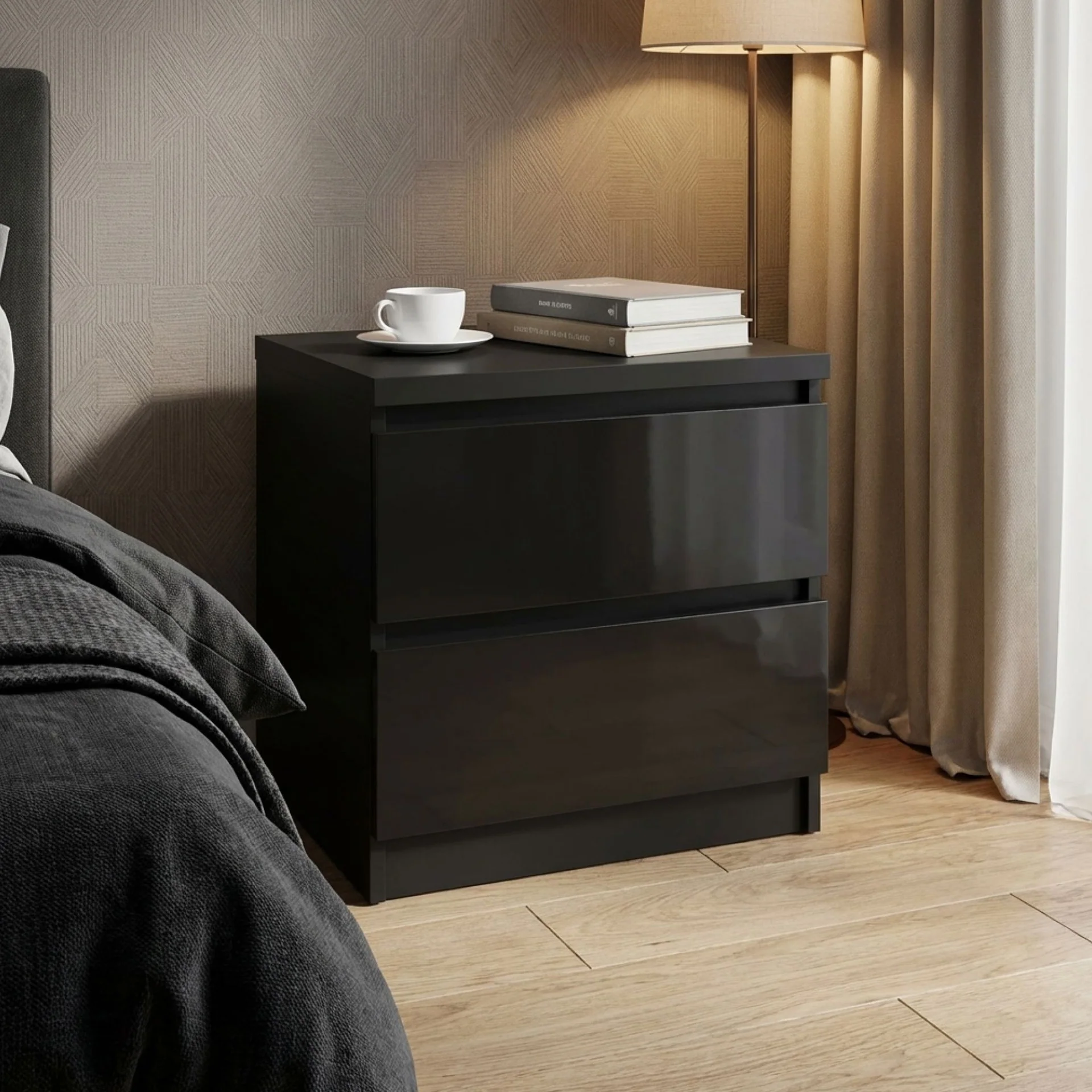 Angeles High Gloss Bedside Table - Black