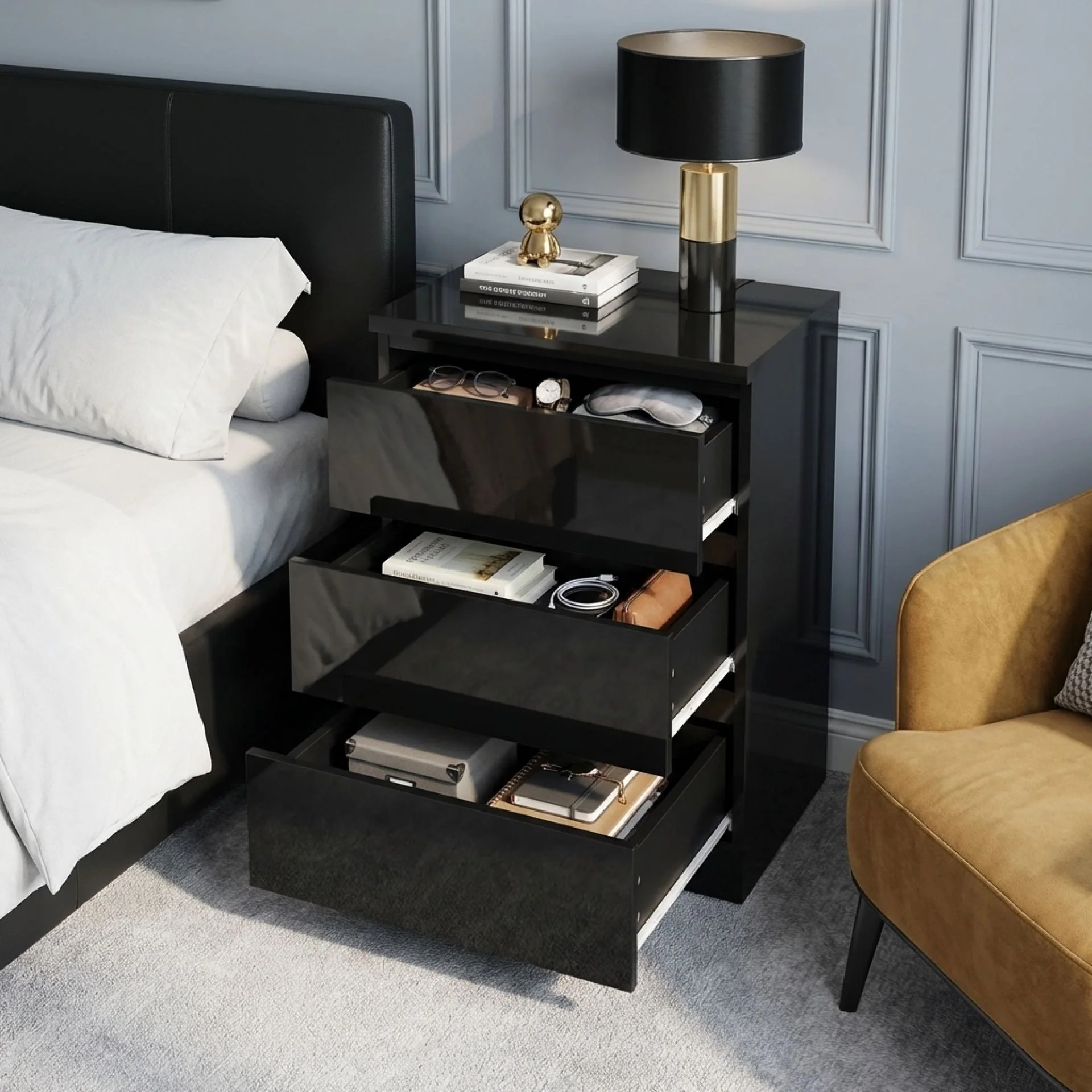 Angeles High Gloss Bedside Table with 3 Drawers - Black - Image 2