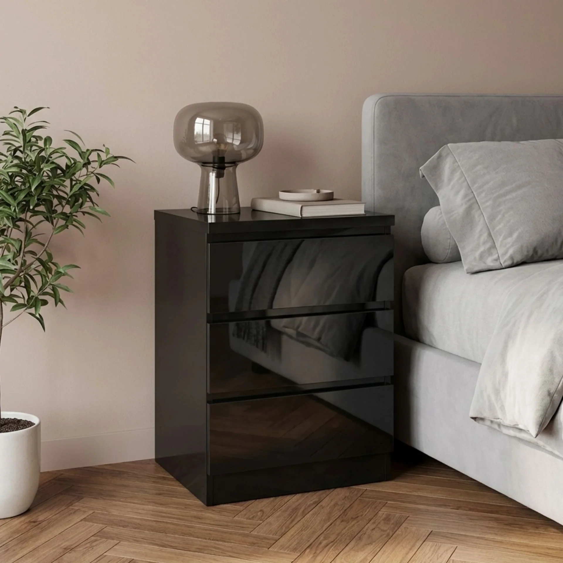 Angeles High Gloss Bedside Table with 3 Drawers - Black - Image 3