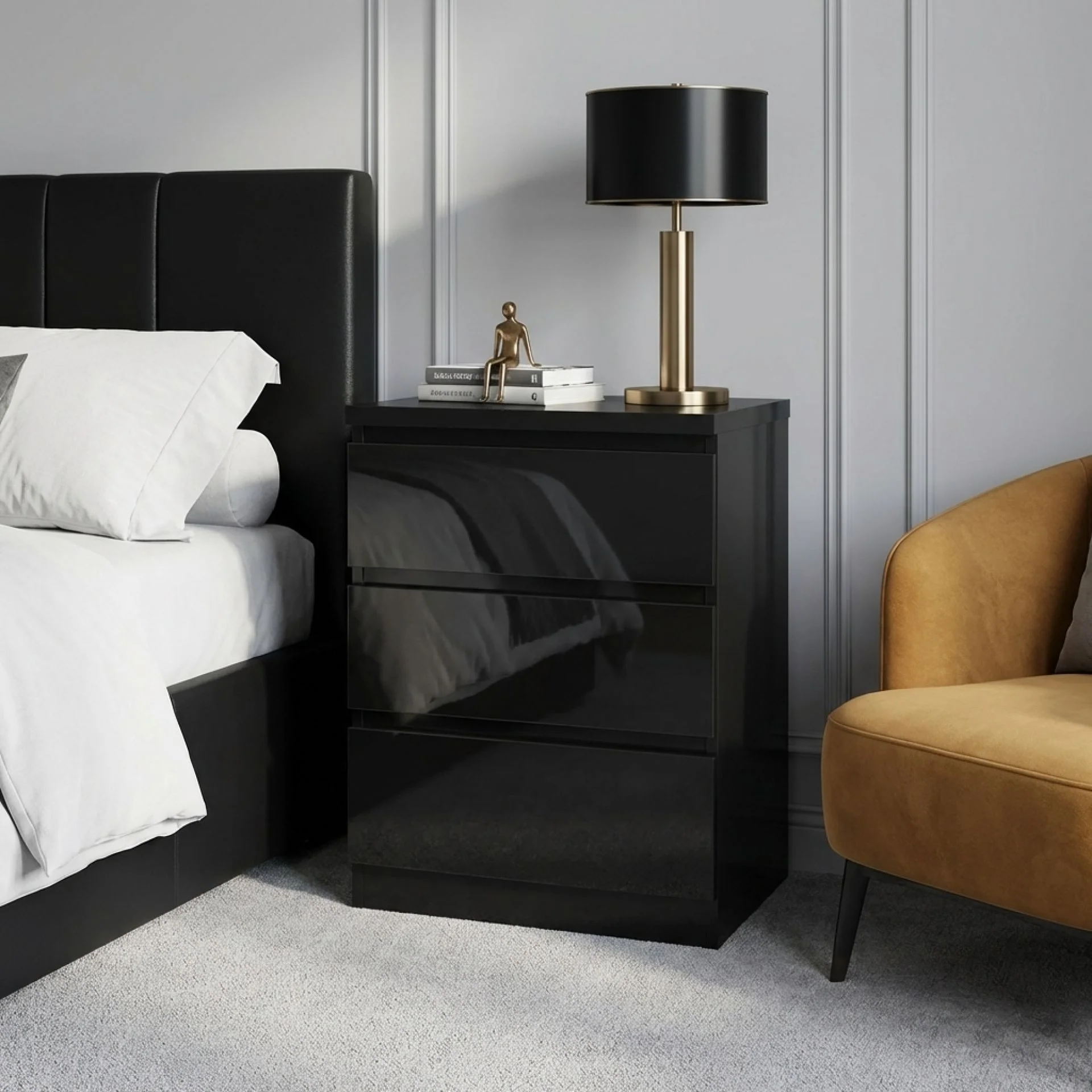Angeles High Gloss Bedside Table with 3 Drawers - Black - Image 4