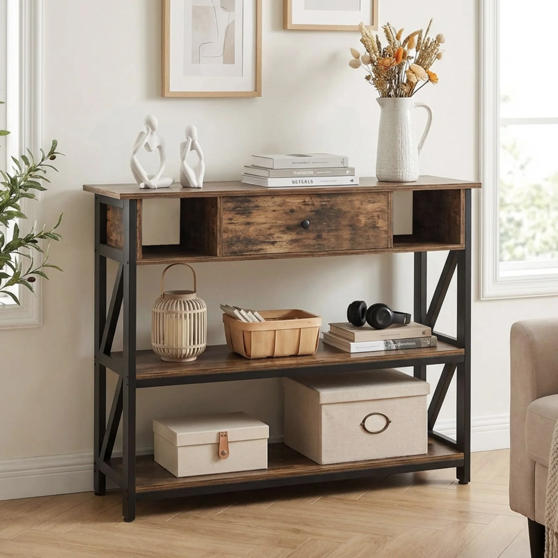 Atlas 1m Console Table with Drawer - Rustic Brown - Image 4