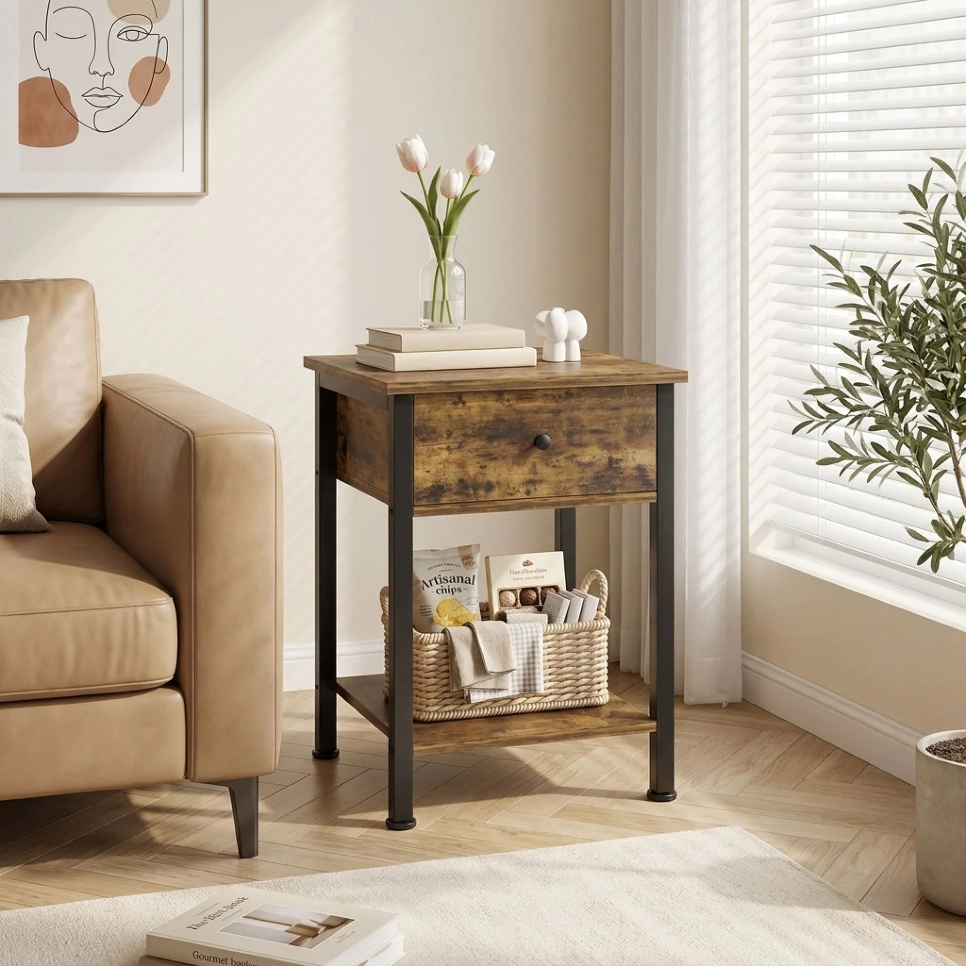 Atlas Side Table with Drawer and Storage Shelf - Rustic Brown - Image 6