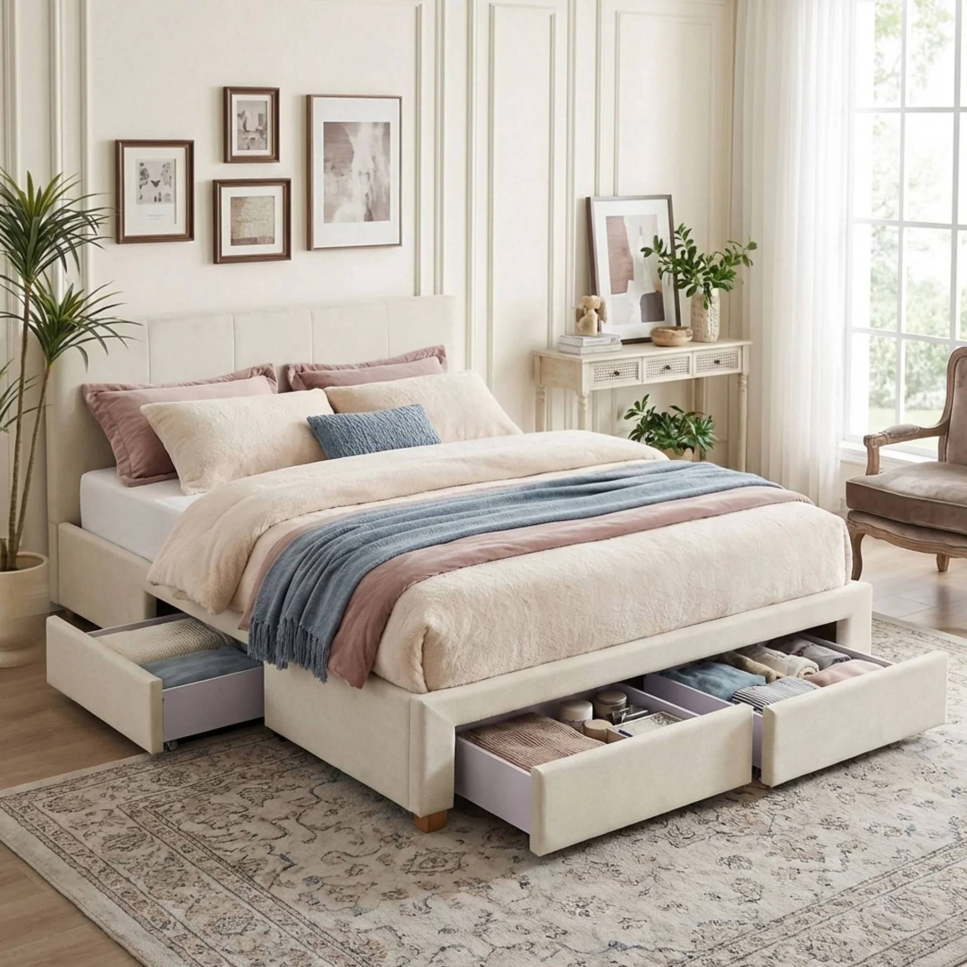 Aure Queen Bed Frame with 4 Drawers - Beige