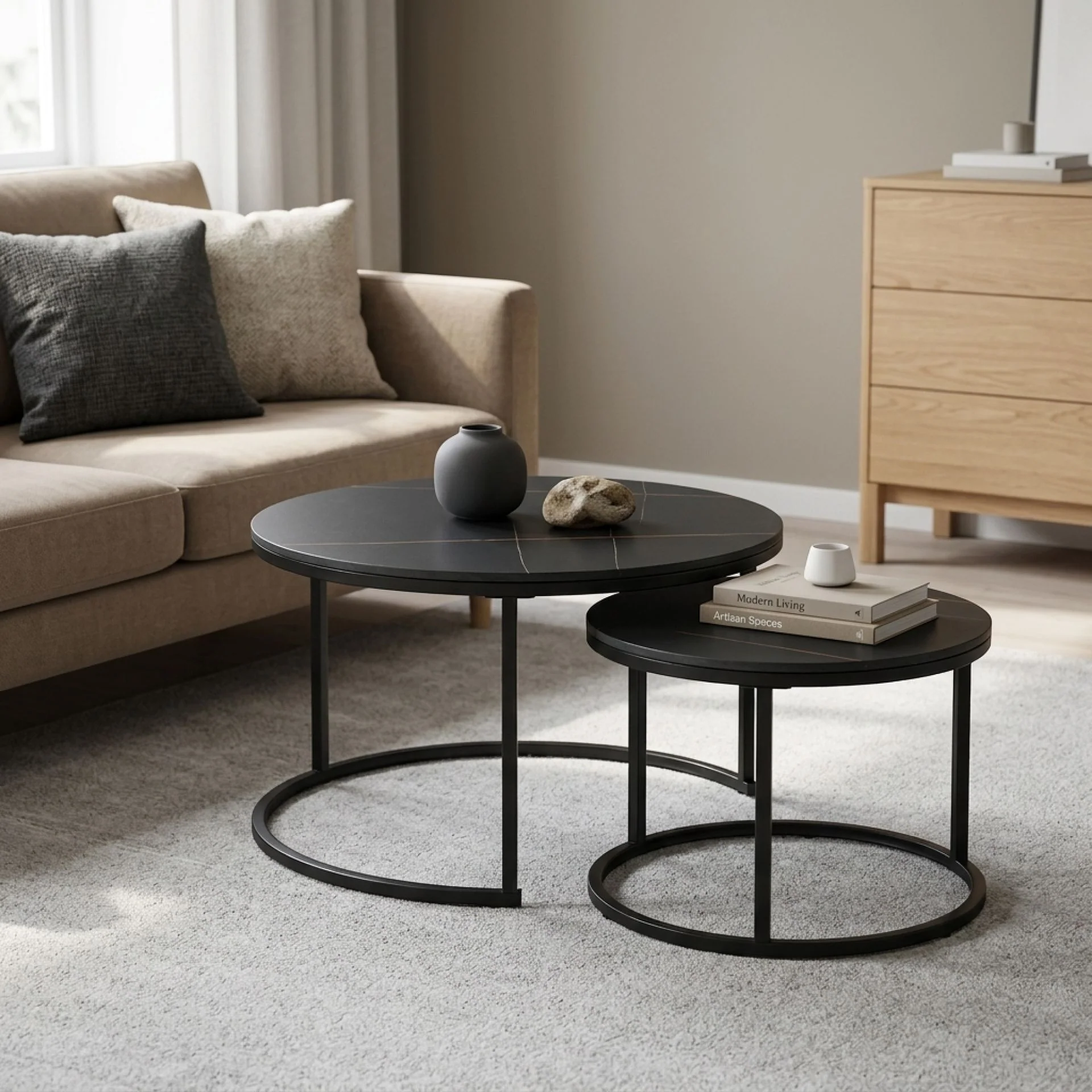 Aurelo 2pc Ceramic Coffee Table Side Table Set - Golden Black