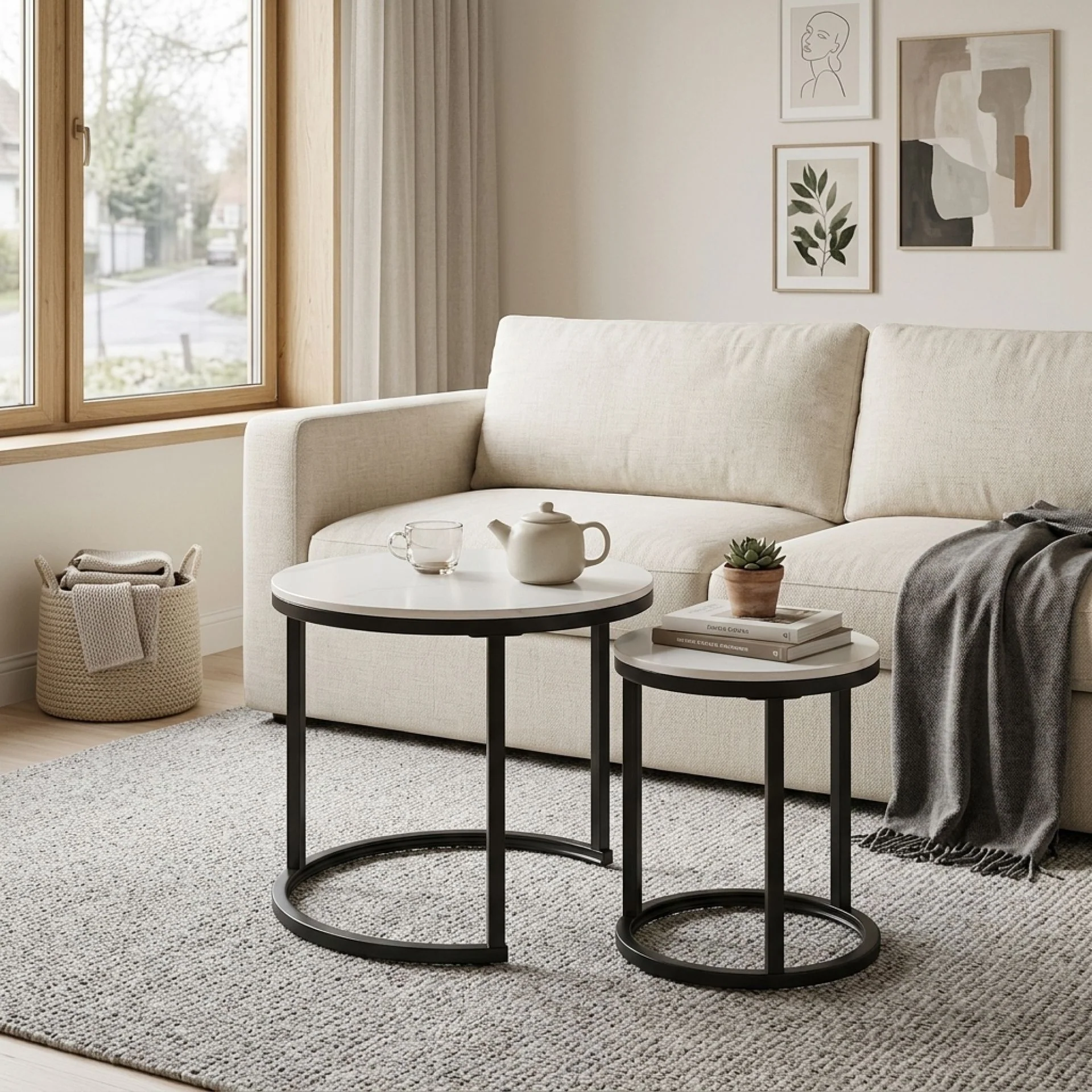 Aurelo 2pc Ceramic Coffee Table Side Table Set - Snow White - Image 2