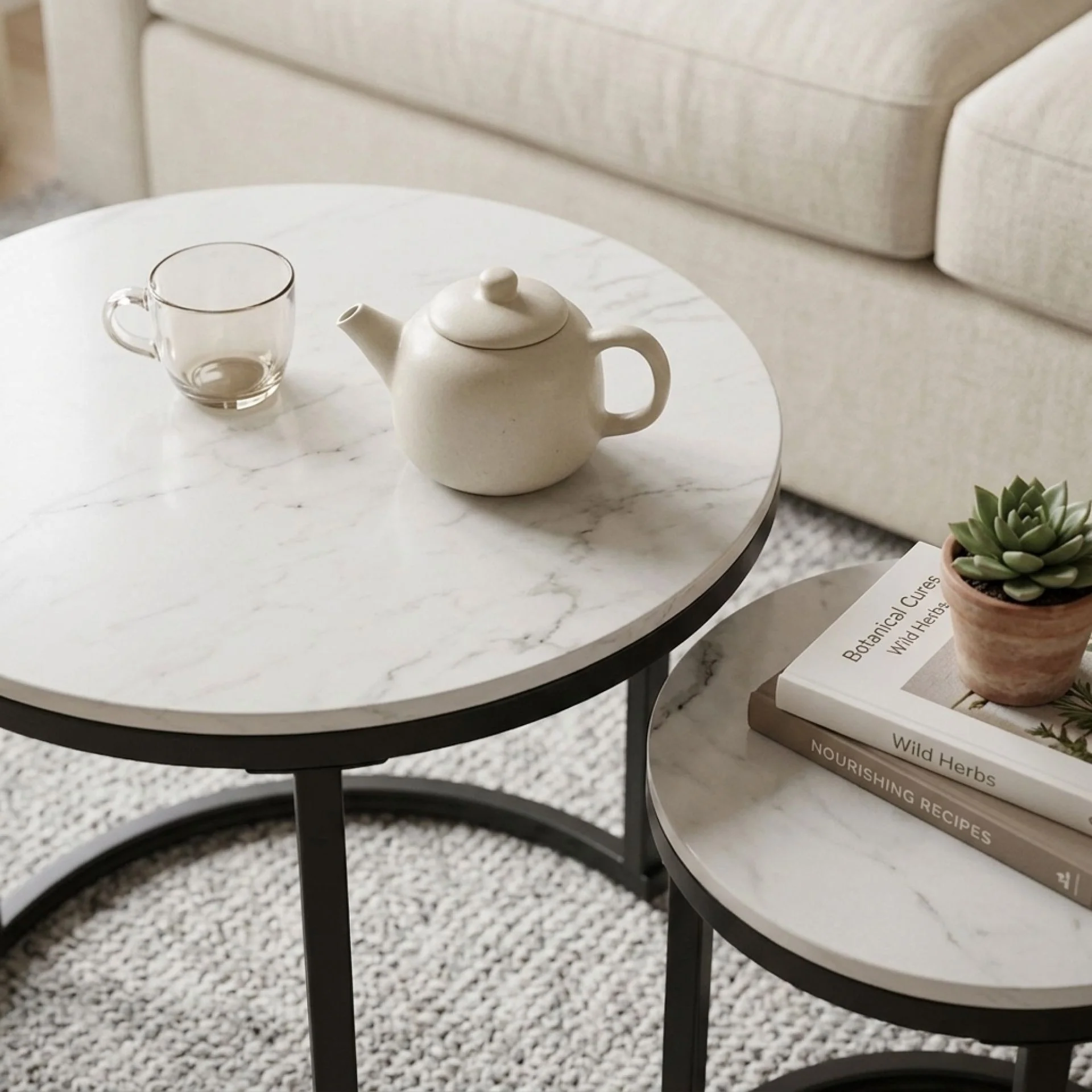 Aurelo 2pc Ceramic Coffee Table Side Table Set - Snow White - Image 6