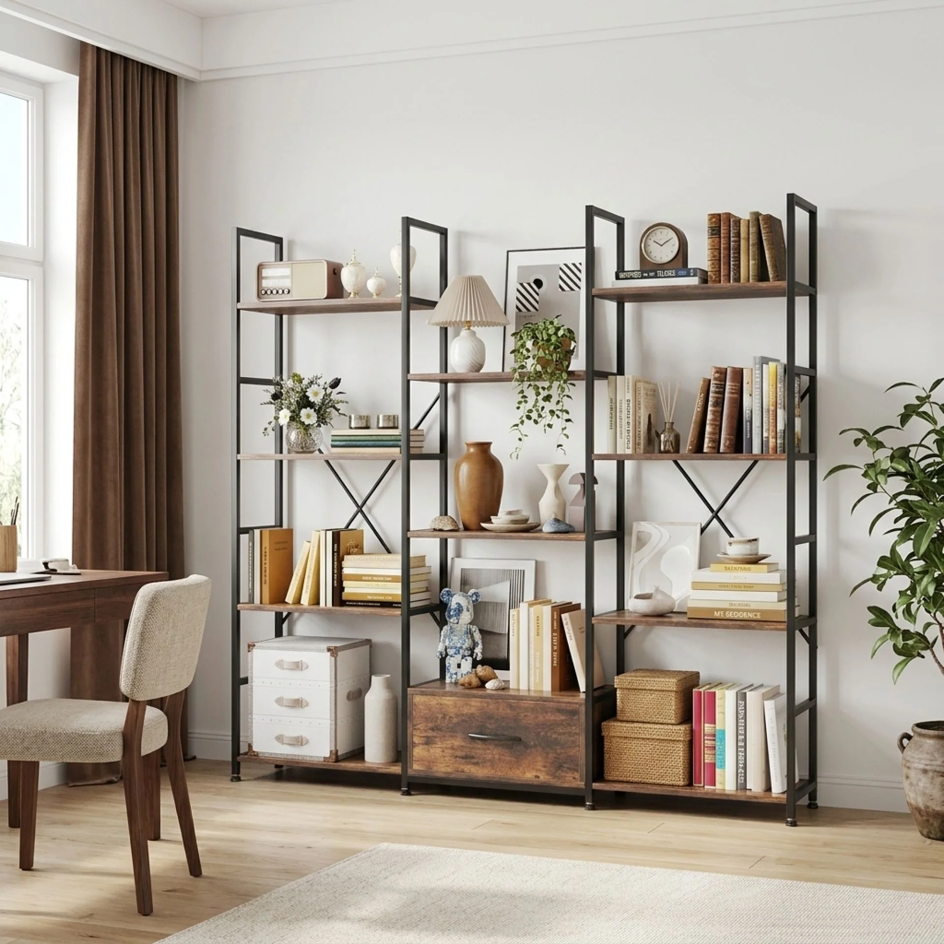 Auroa 4 Tier Bookshelf with Drawer - Rustic Brown