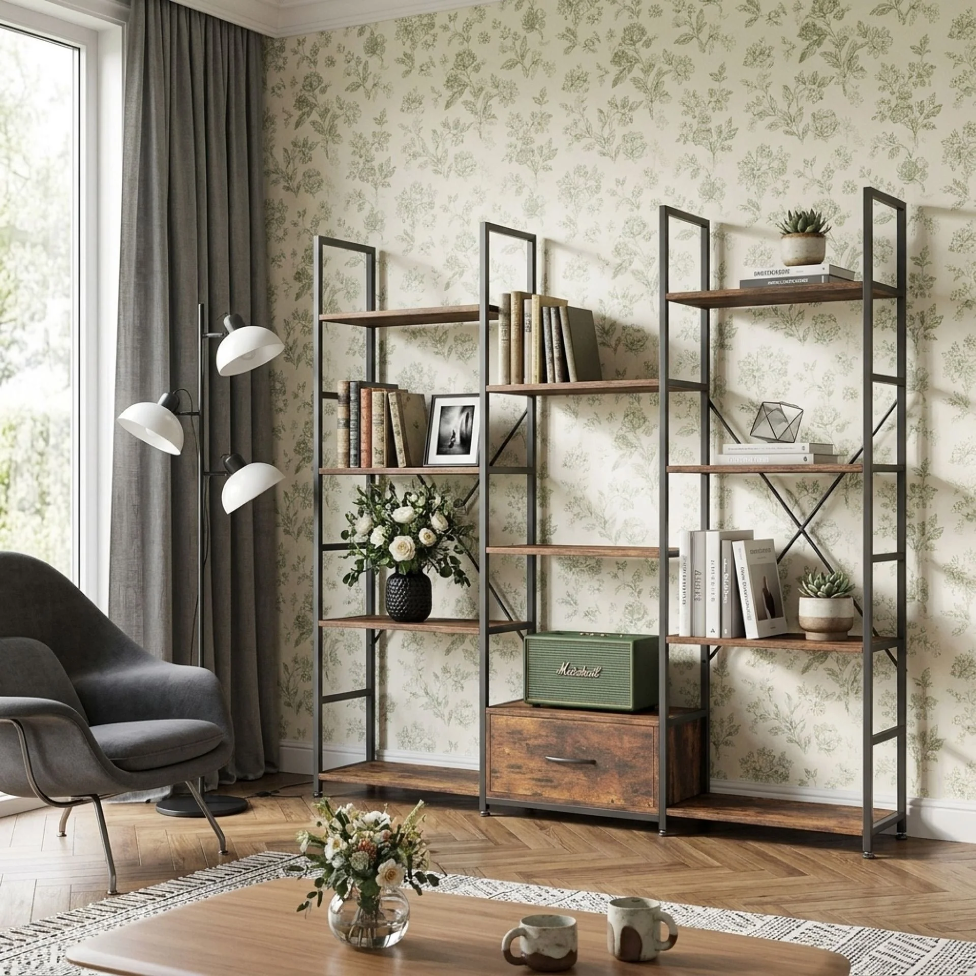 Auroa 4 Tier Bookshelf with Drawer - Rustic Brown - Image 2
