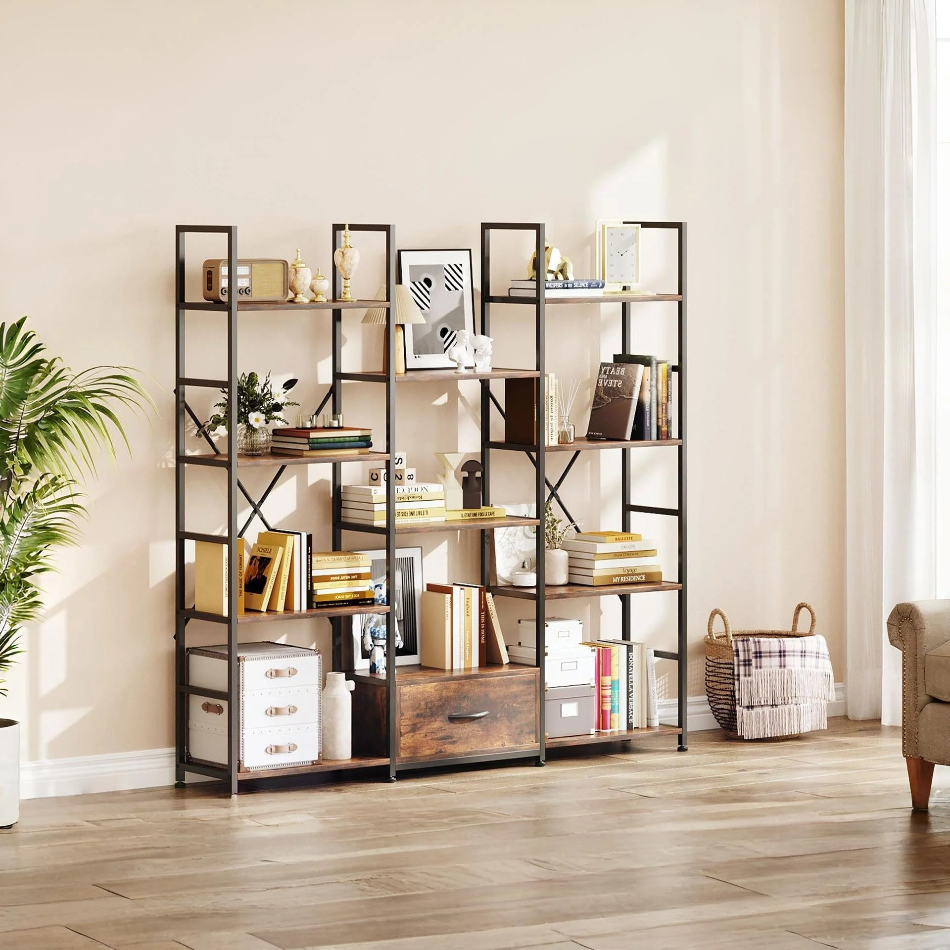 Auroa 4 Tier Bookshelf with Drawer - Rustic Brown - Image 4