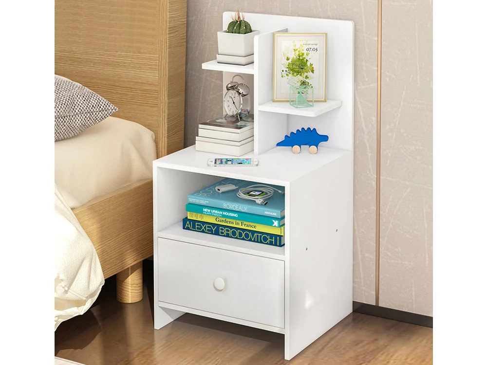 BAILEY Bedside Table with Shelves - WHITE