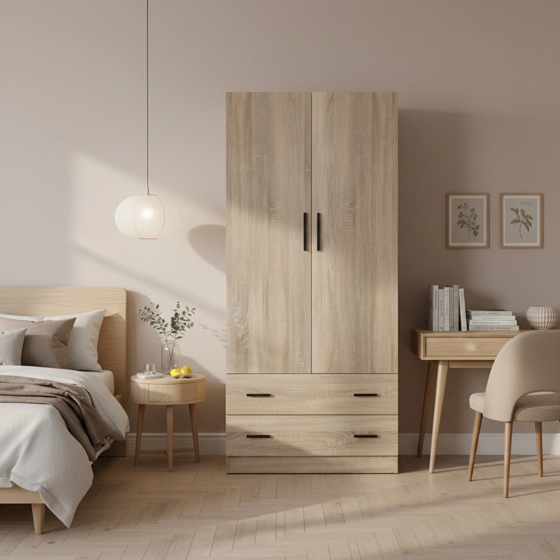 Bram 2 Door Wardrobe with 2 Drawers - Oak - Image 2