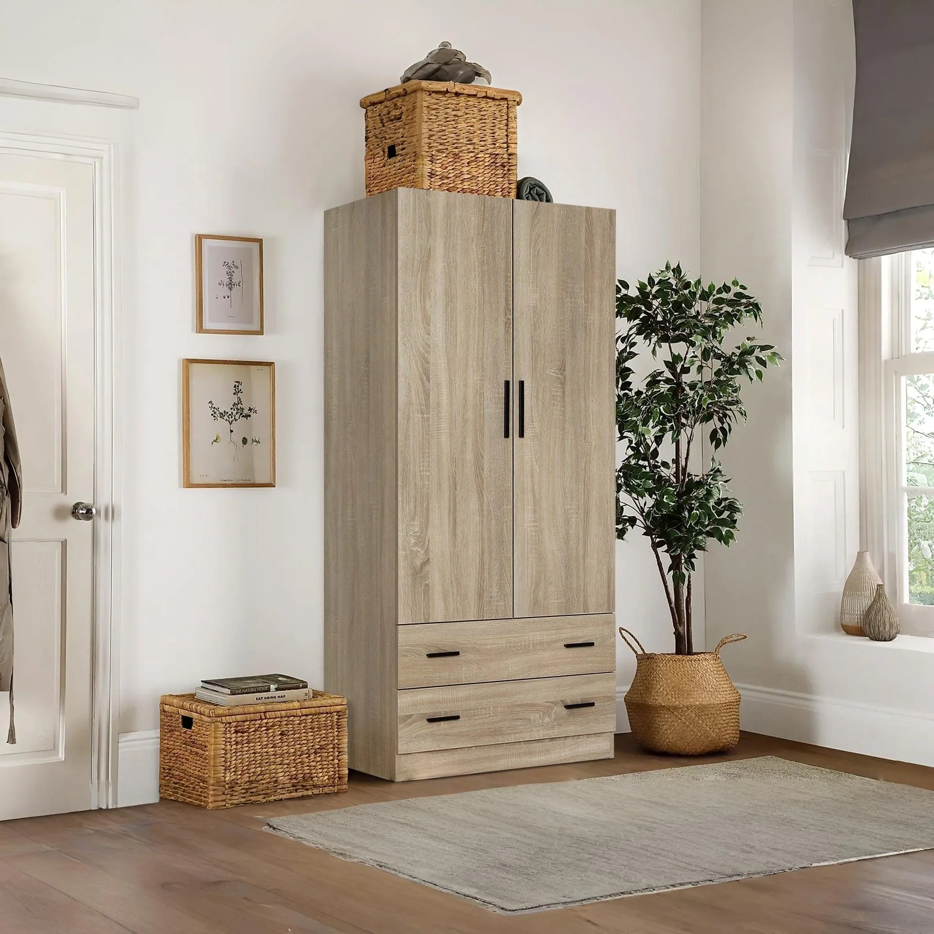 Bram 2 Door Wardrobe with 2 Drawers - Oak - Image 6