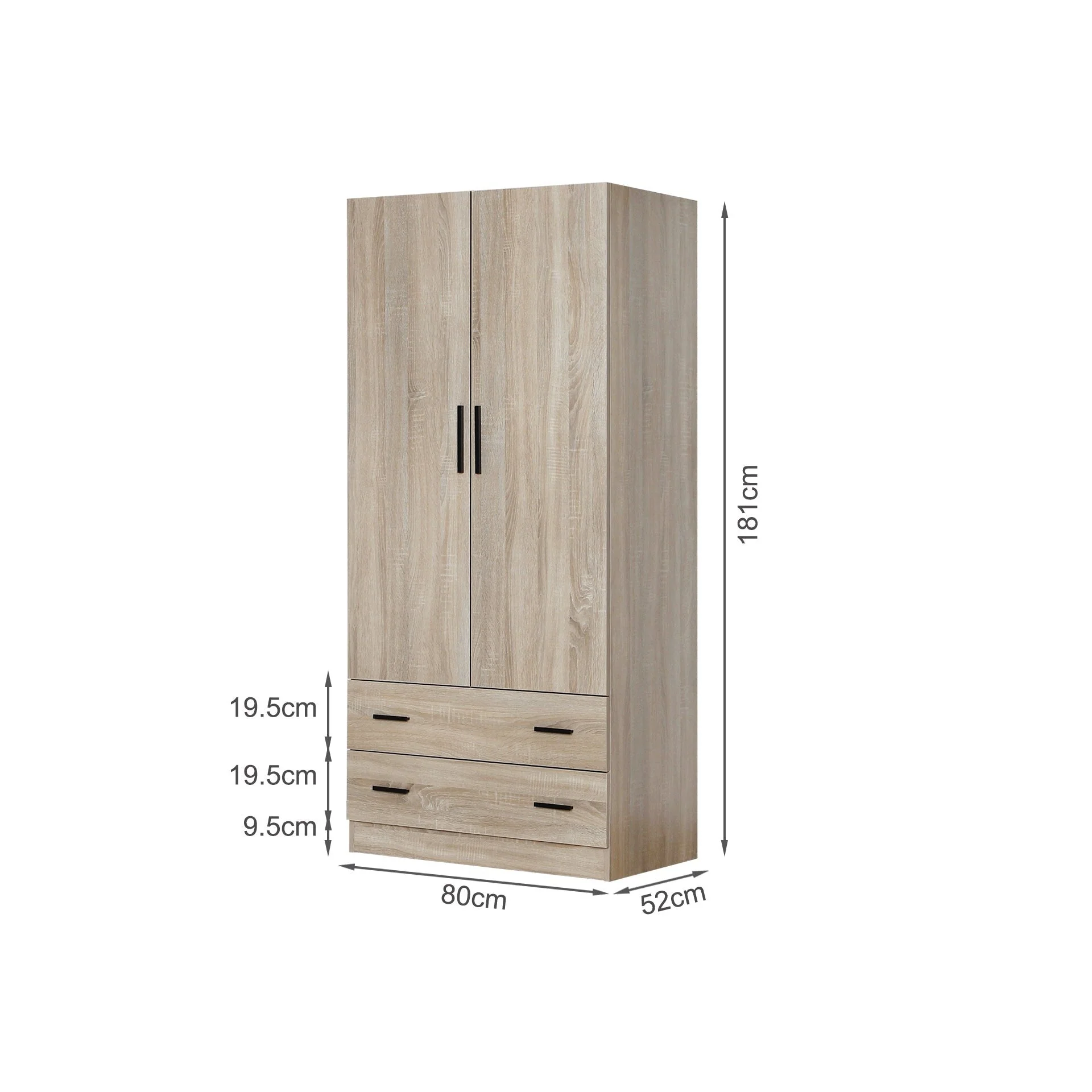 Bram 2 Door Wardrobe with 2 Drawers - Oak - Image 9