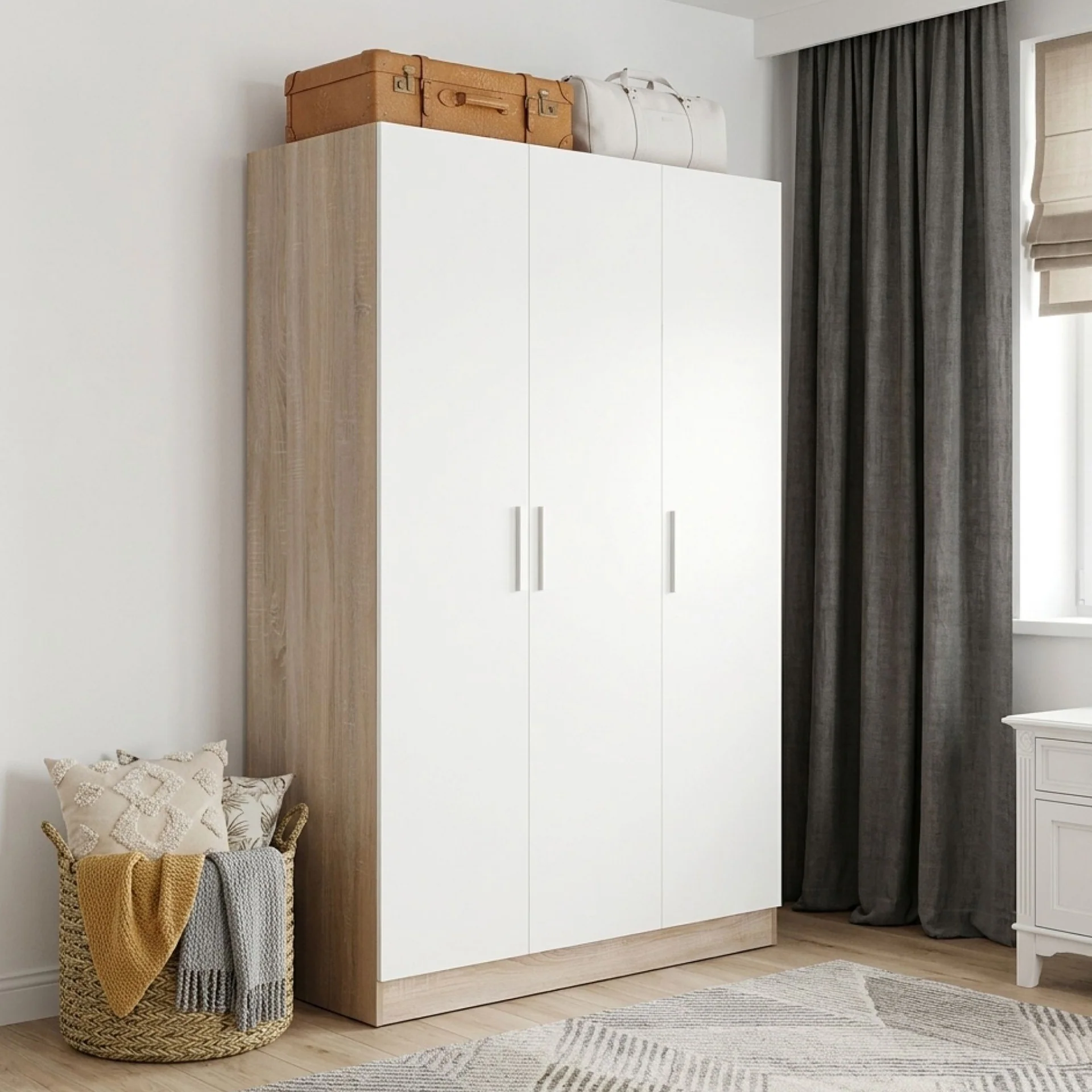 Bram 3 Door Wardrobe Cabinet - Oak + White - Image 3