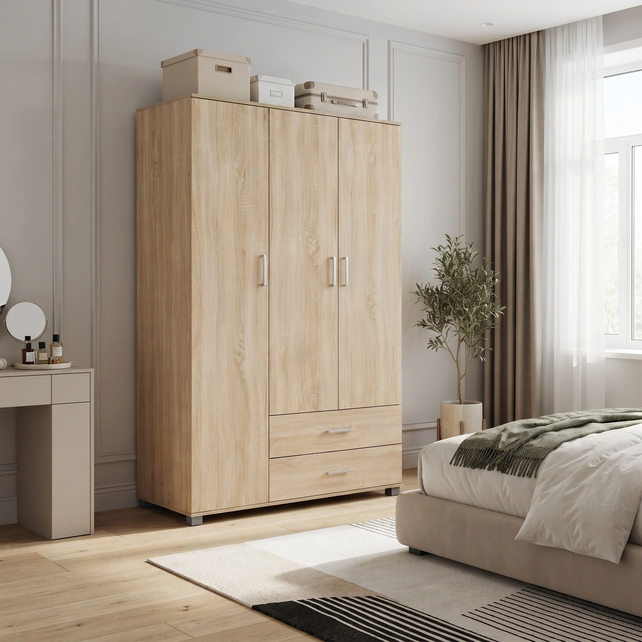 Bram 3 Door Wardrobe Cabinet with 2 Drawers - Oak