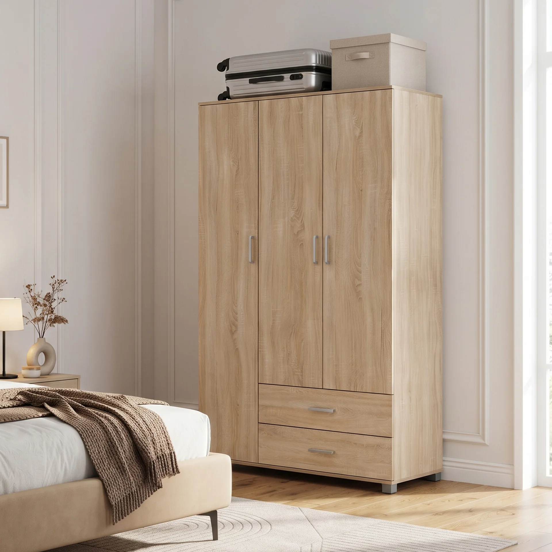 Bram 3 Door Wardrobe Cabinet with 2 Drawers - Oak - Image 2