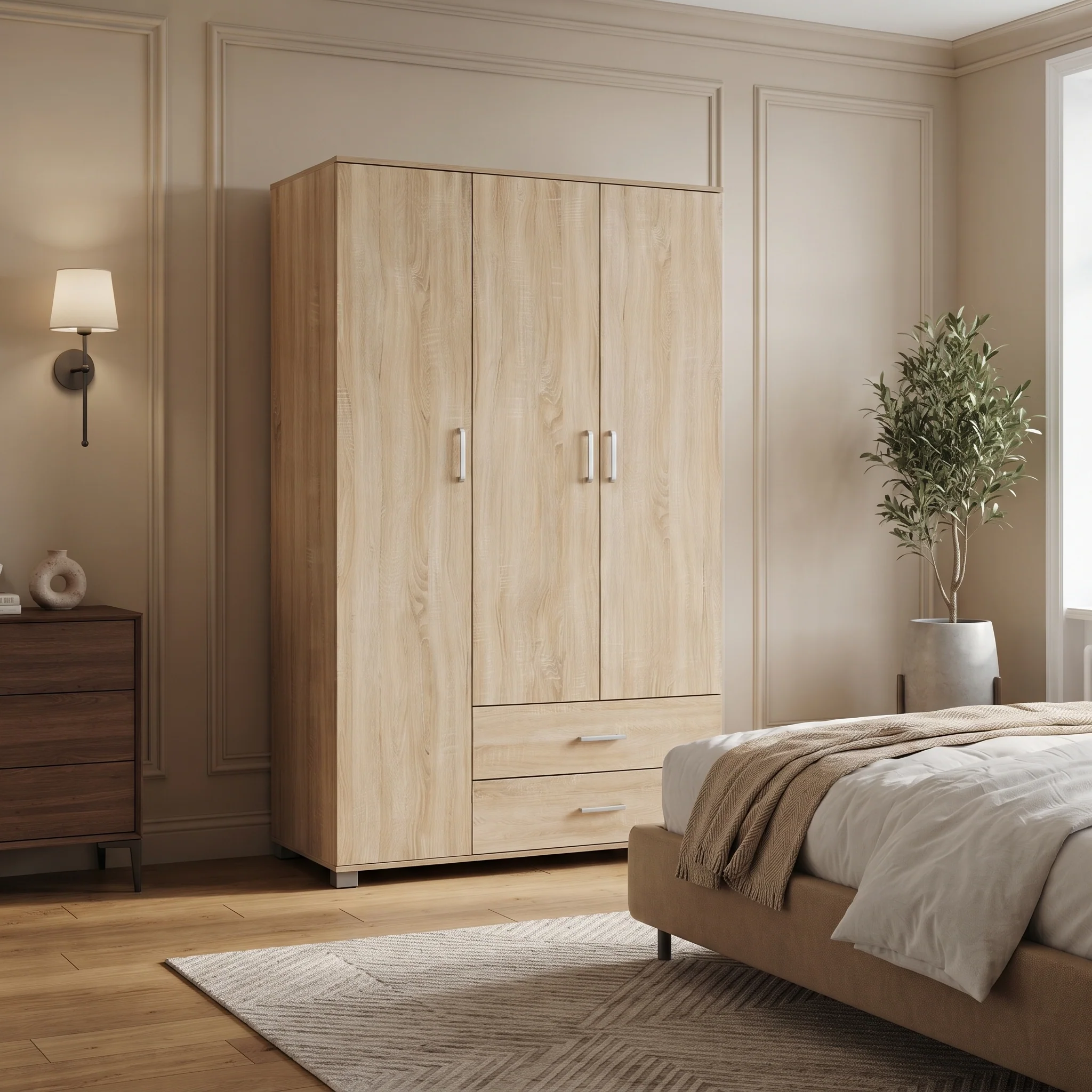 Bram 3 Door Wardrobe Cabinet with 2 Drawers - Oak - Image 3