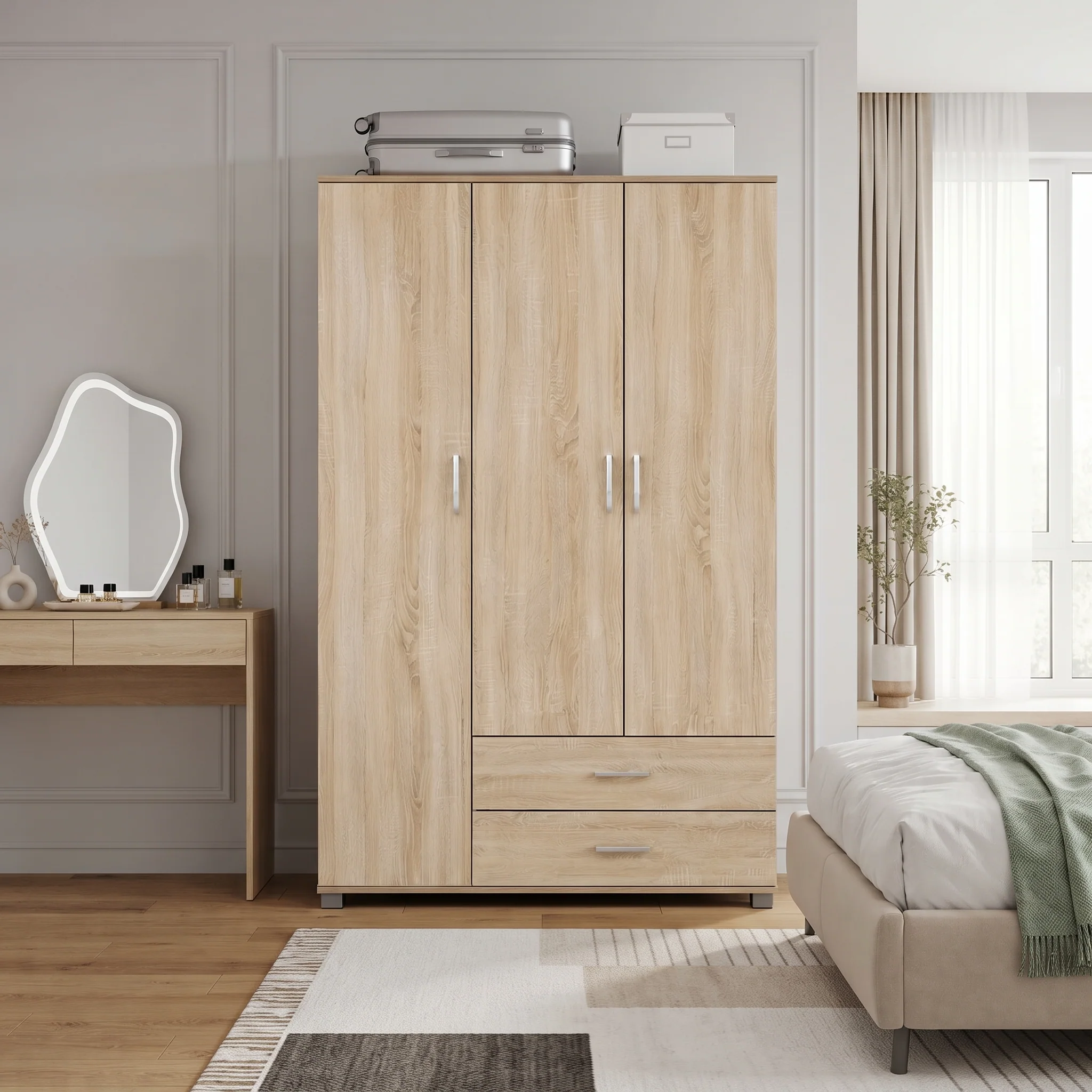 Bram 3 Door Wardrobe Cabinet with 2 Drawers - Oak - Image 4