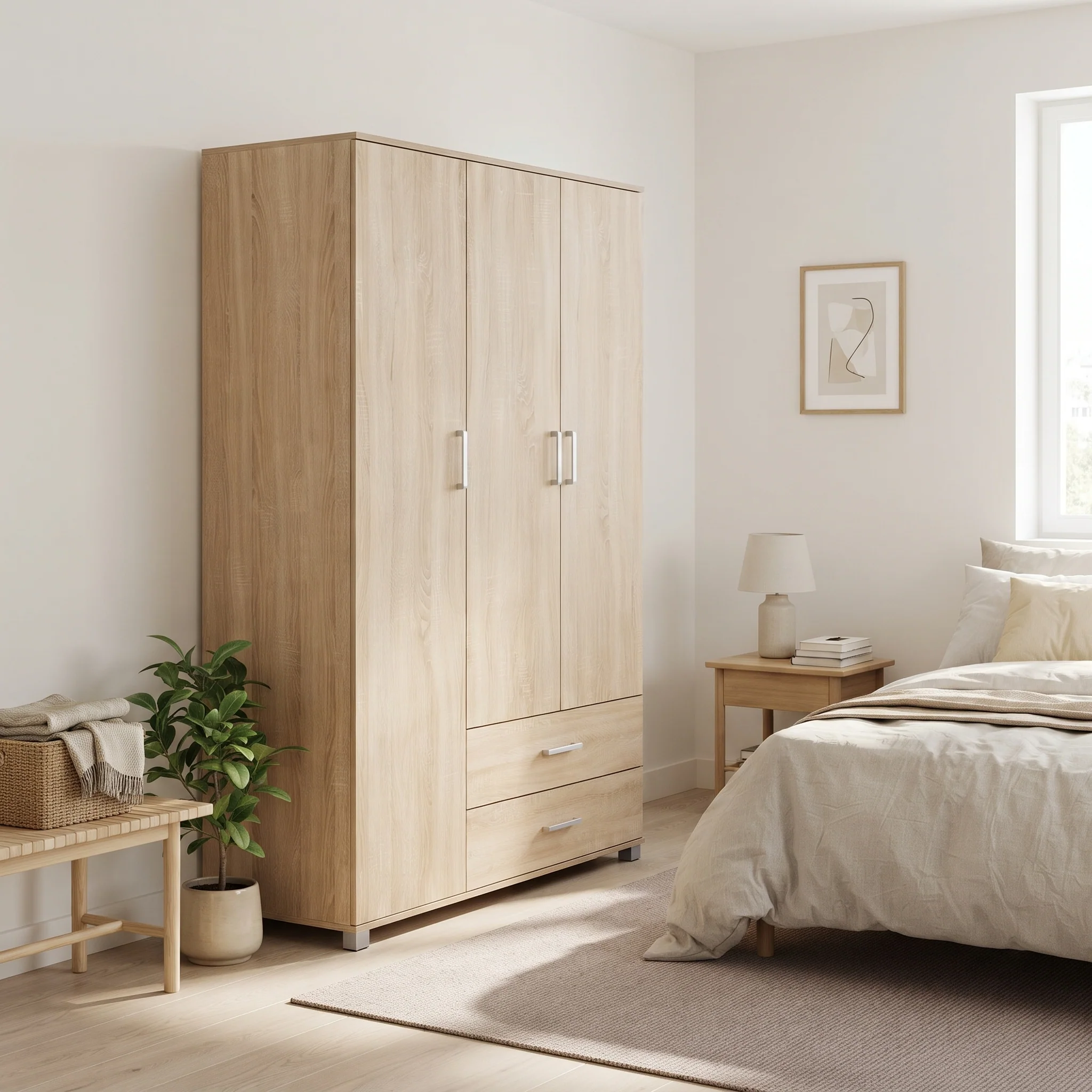 Bram 3 Door Wardrobe Cabinet with 2 Drawers - Oak - Image 5