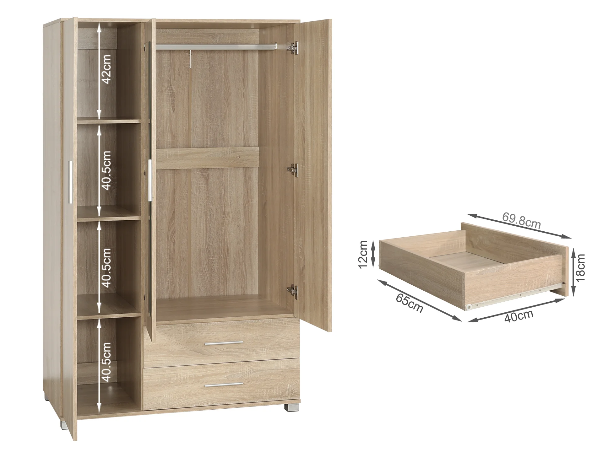 Bram 3 Door Wardrobe Cabinet with Mirror - Oak - Image 10